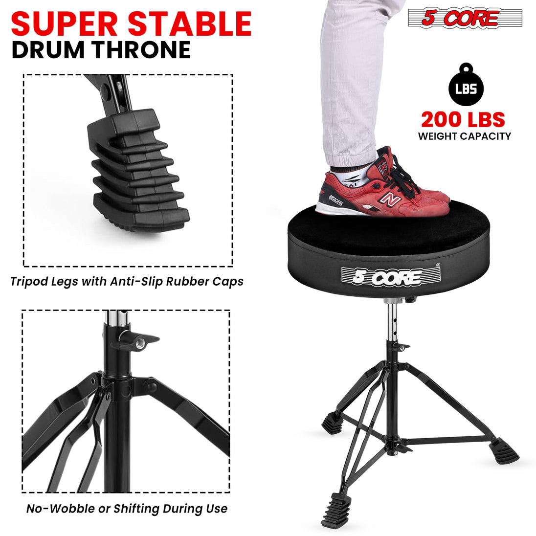 Ergonomic padded stool featuring a super stable structure, adjustable height, and a sturdy frame for drummers of all levels.