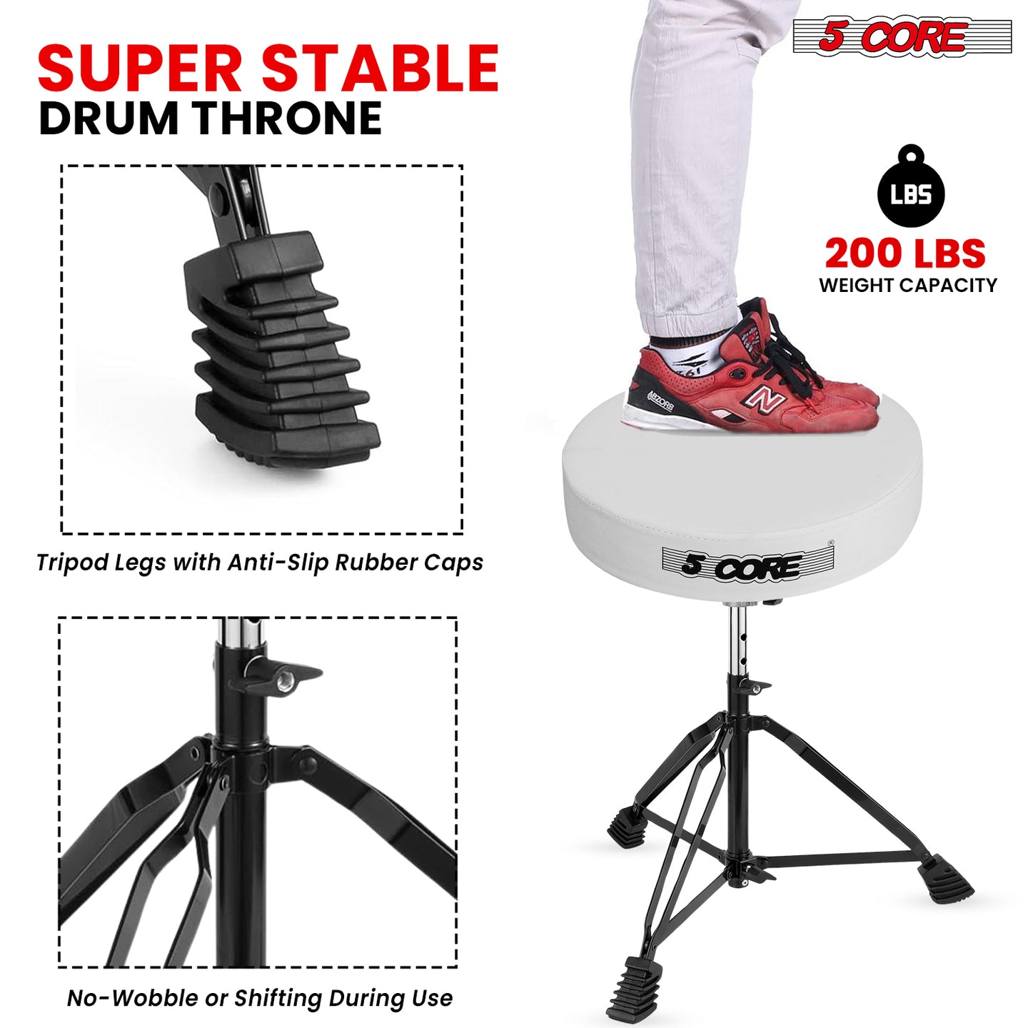 Professional drum throne featuring adjustable height with lock, double-braced legs, and a durable anti-slip base.