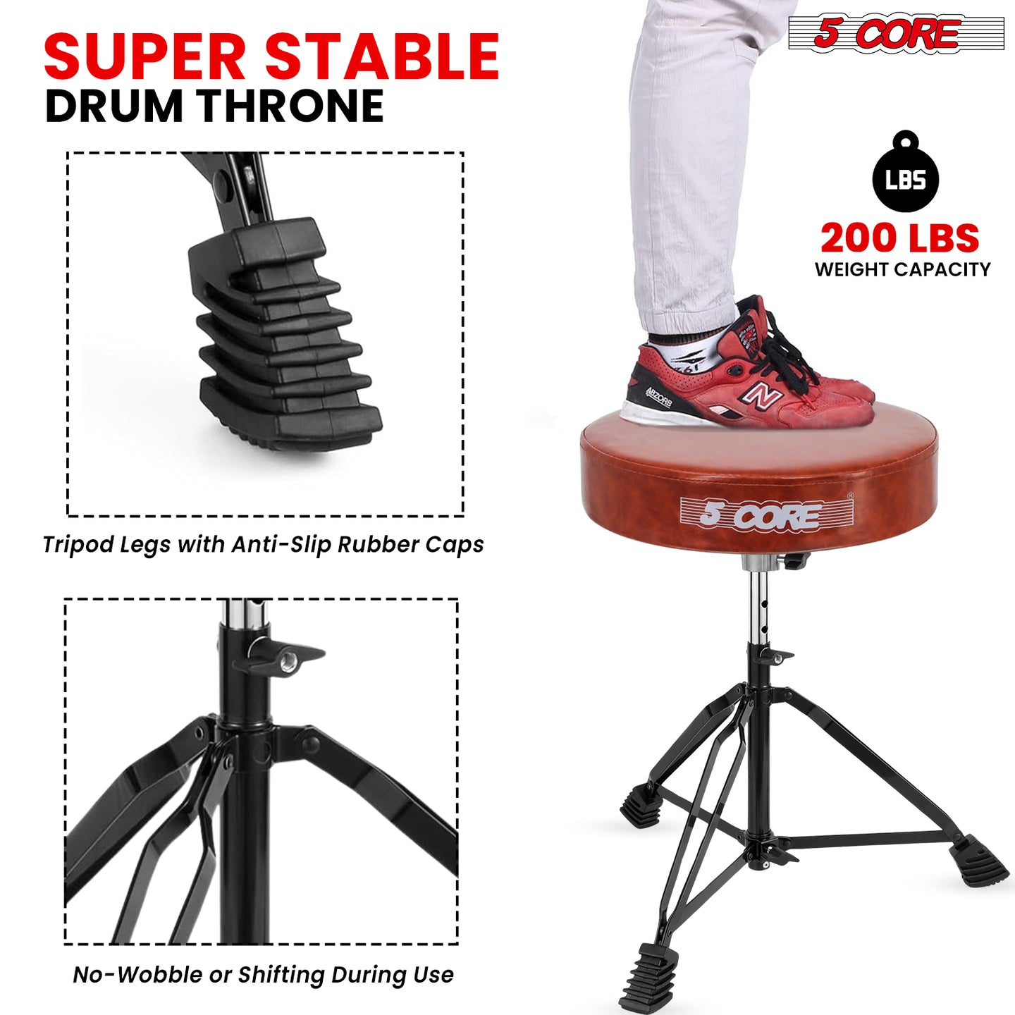 Professional drum throne with a super stable base, reinforced legs, and a soft padded seat for enhanced comfort and durability.