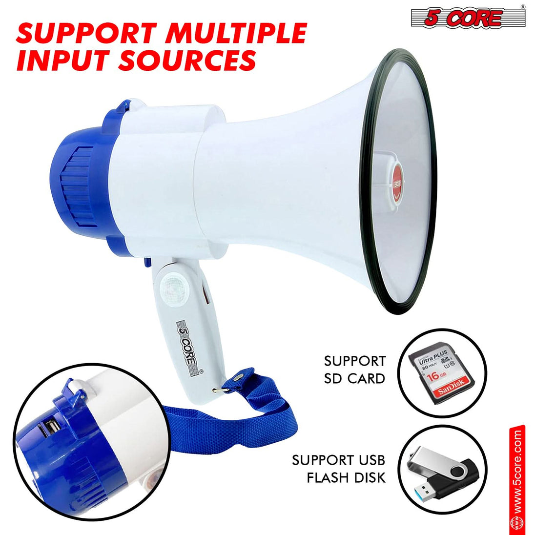 Bullhorn megaphone supports multiple input sources, including USB, SD card, and AUX for versatility.