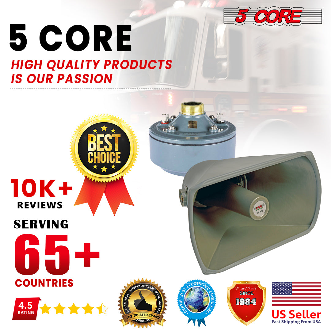 5 Core PA Horn Speaker • 60W RMS Compression Driver in Weatherproof 14.5 Inch Screw-On Horn