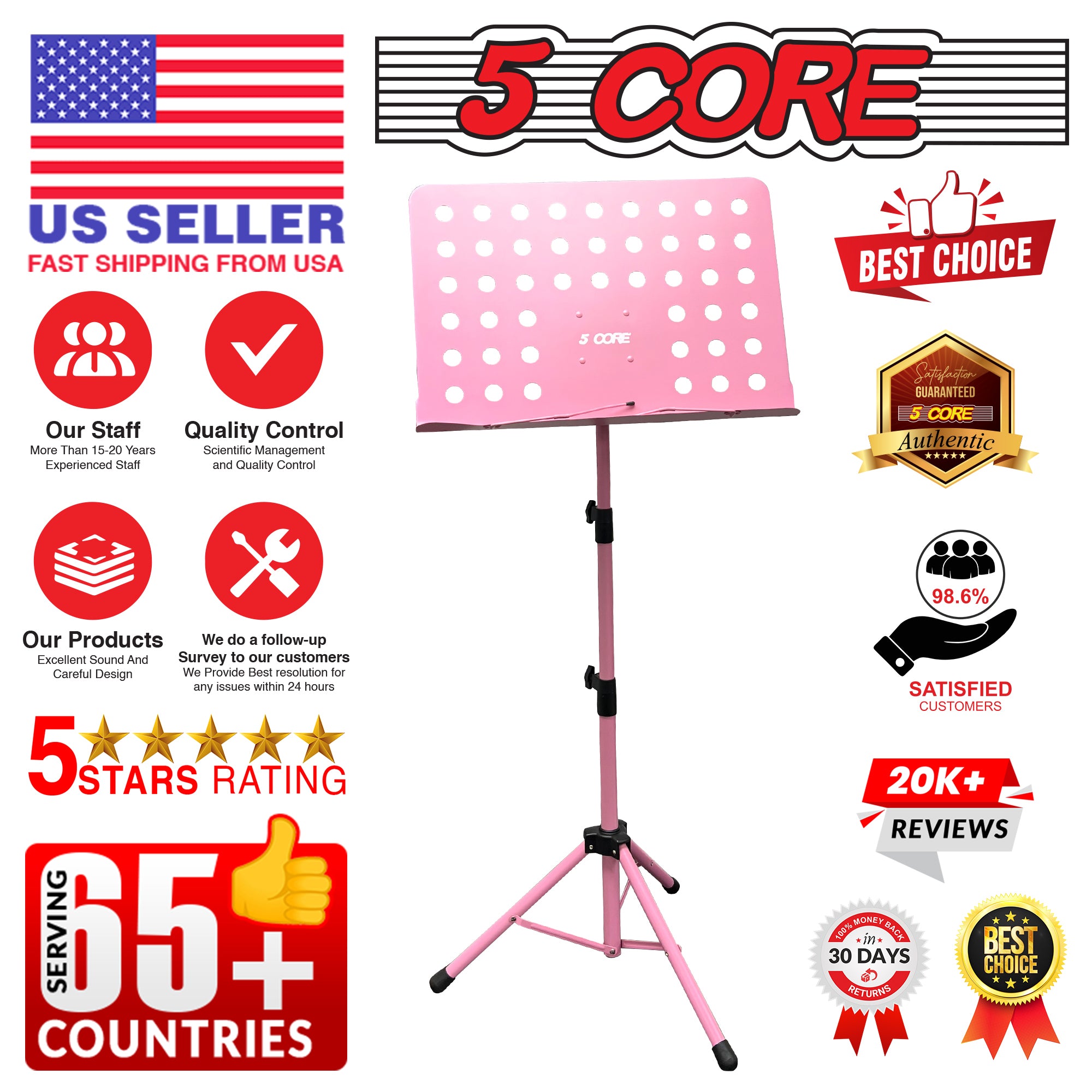 5 Core Music Stand for Sheet Music Pink Folding Portable Stands Light Weight Book Clip Holder Music Accessories - MUS PNK