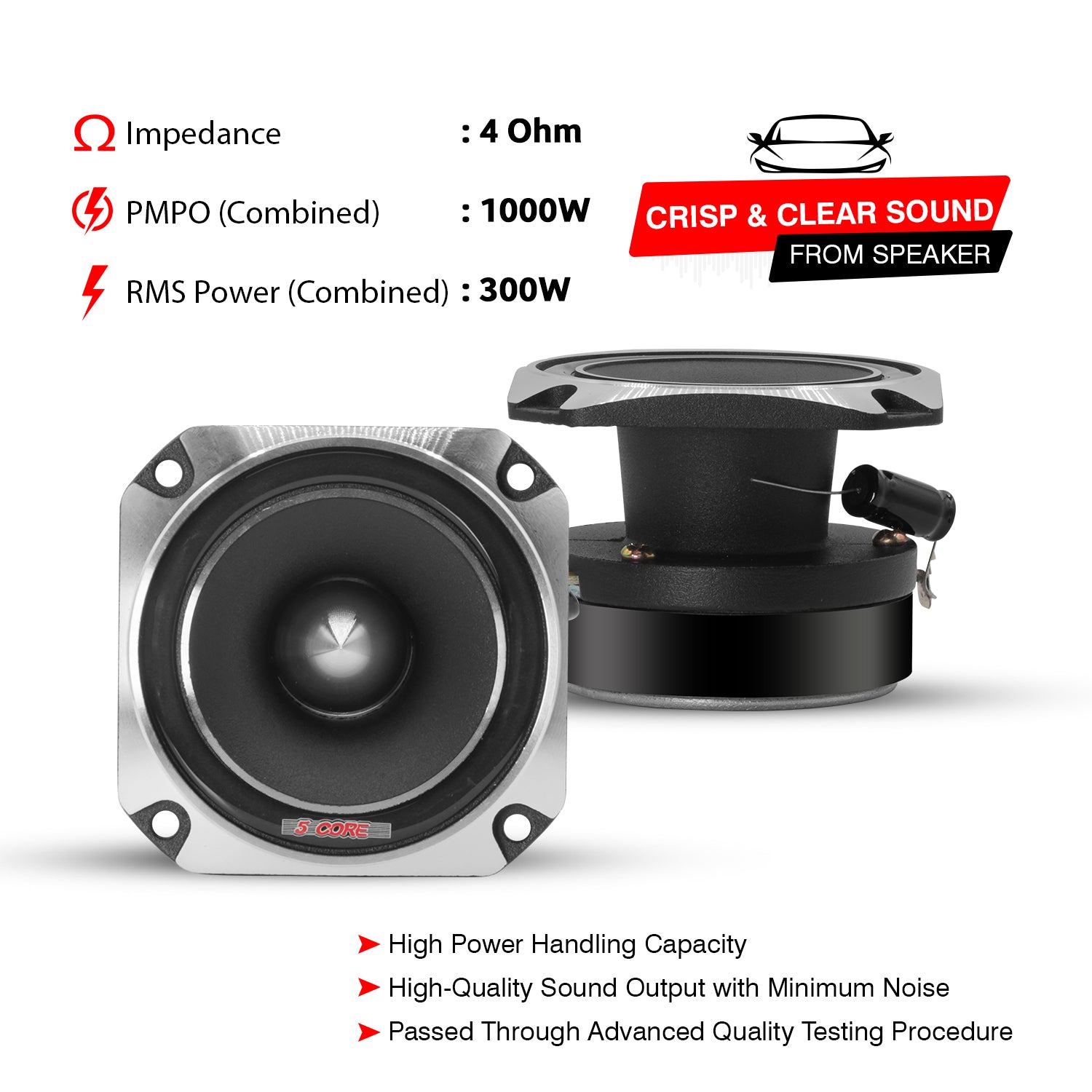 High-Performance Titanium Bullet Tweeters with 520W Max Power, 4 Ohm Impedance, 300w RMS for Crisp and Clear Audio.