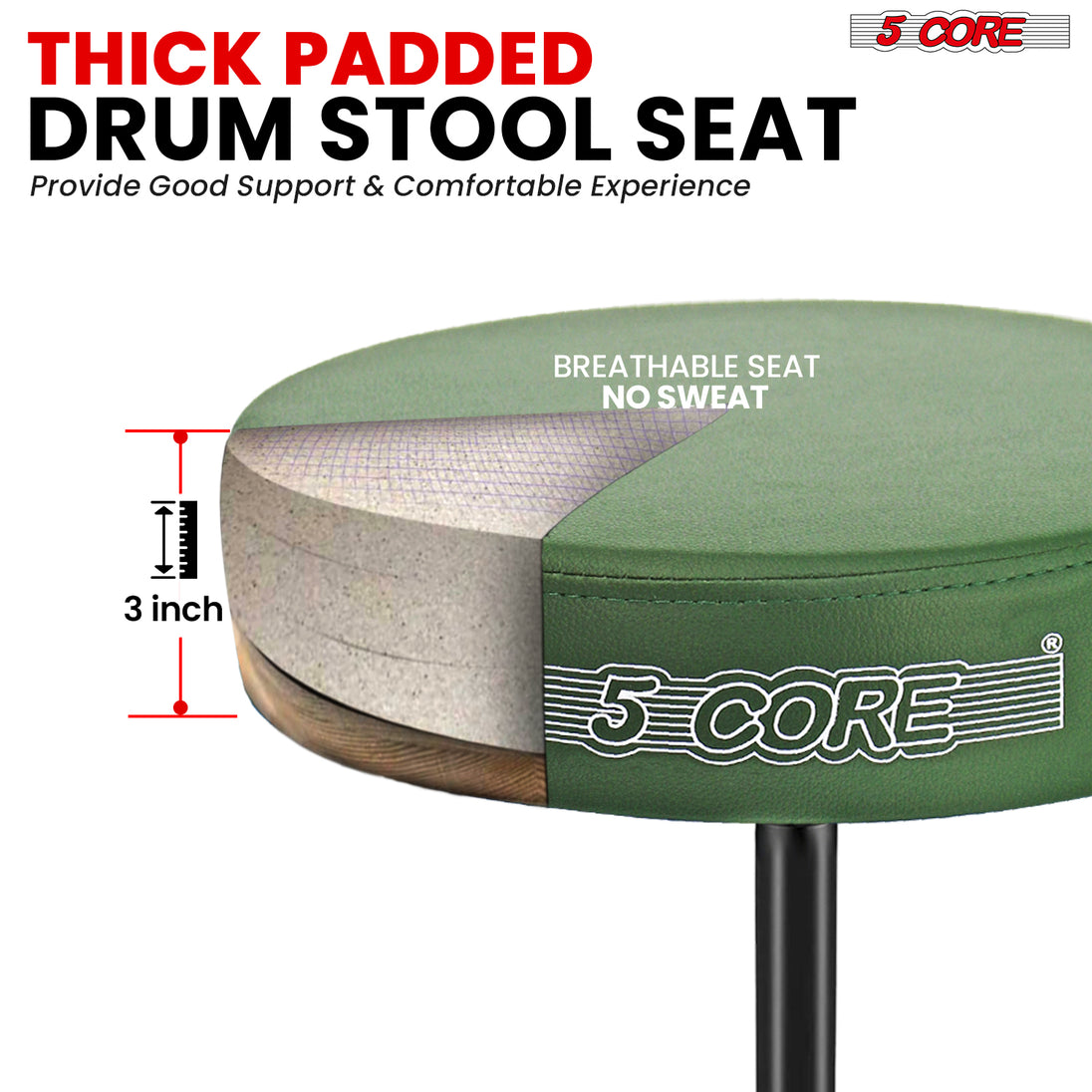 Thick padded drum stool designed for maximum comfort and support during drumming sessions.