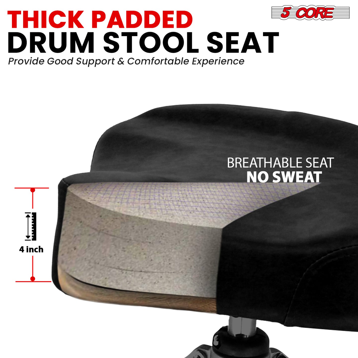  Heavy-duty drum throne with thick cushioning, ergonomic design, and strong legs for stability during performances.