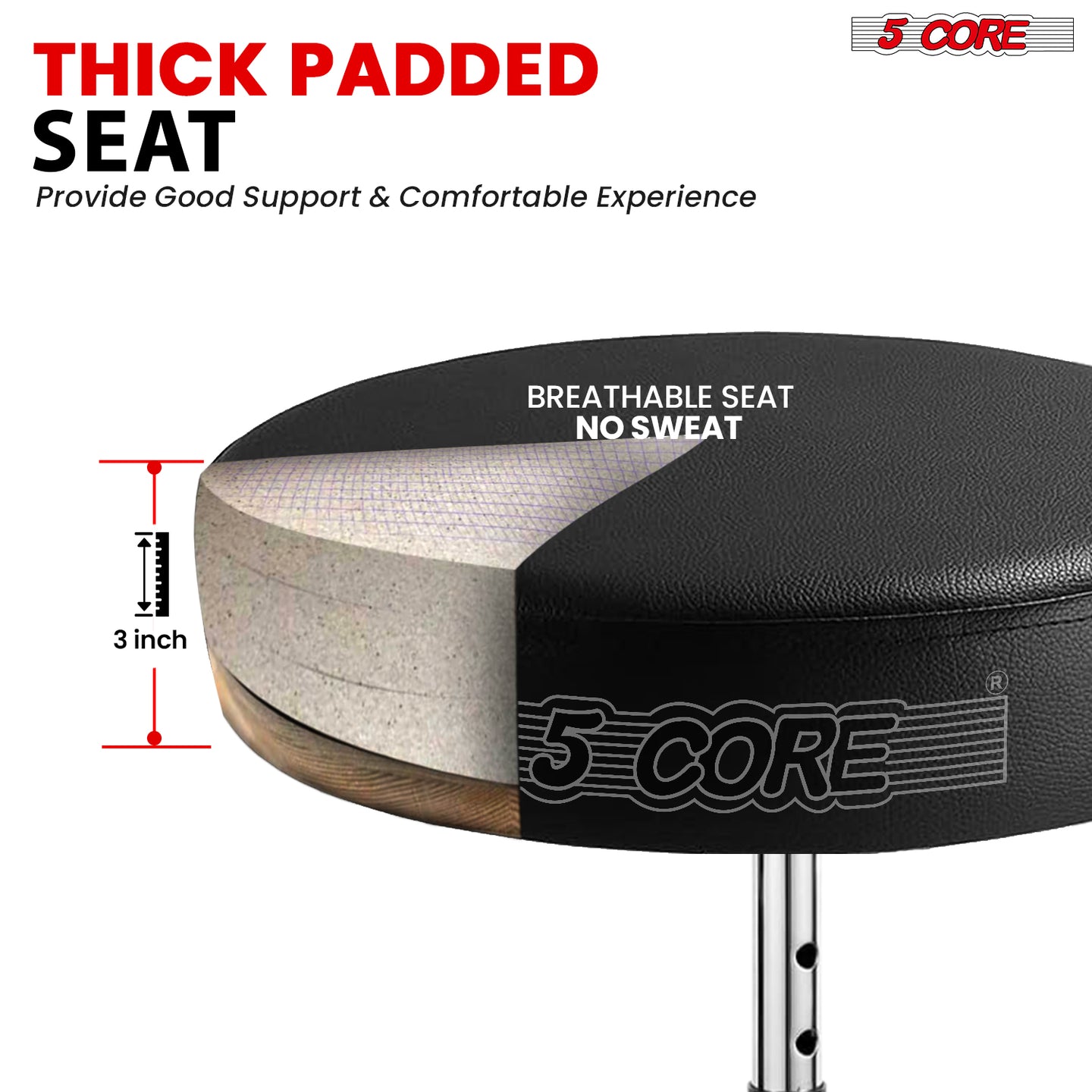 Thick padded drum throne with sturdy base, cushioned seat, and adjustable height for comfortable drumming sessions.