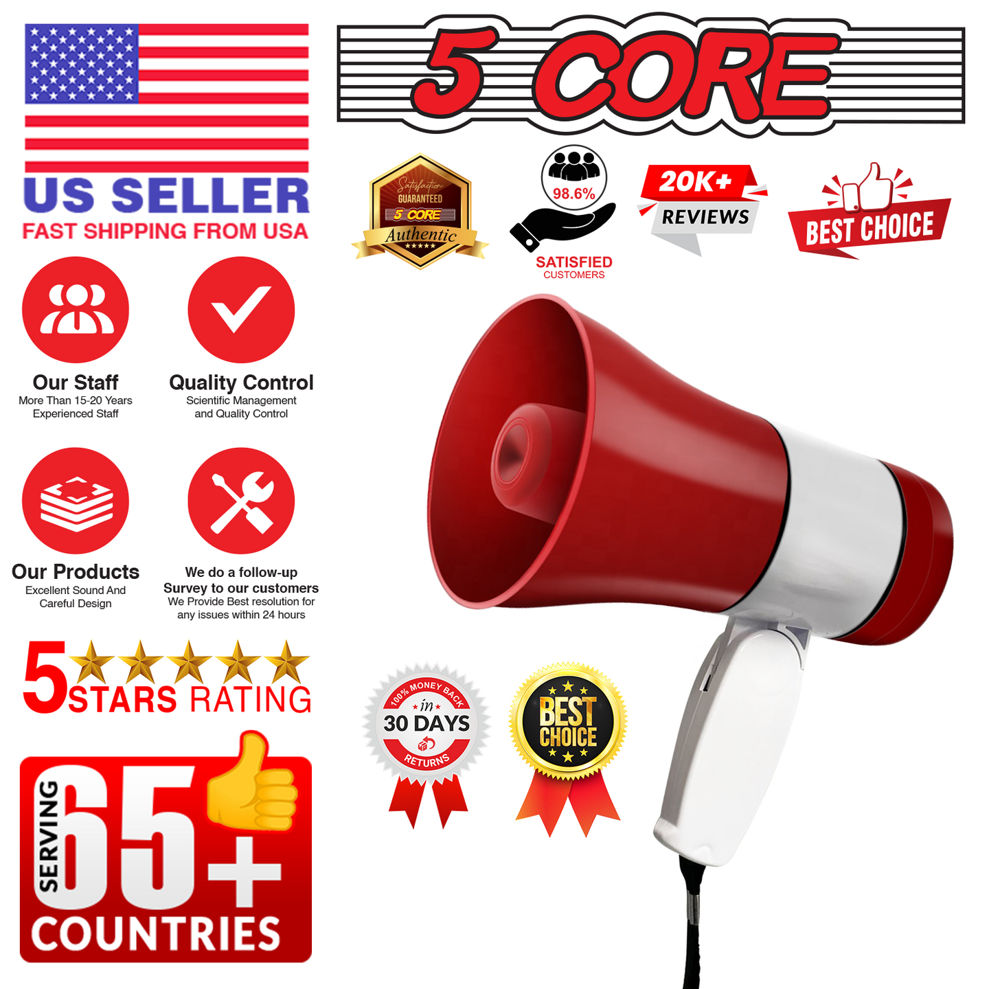 Top-rated megaphone with over 20K reviews, a 5-star rating, and worldwide shipping to 65+ countries.