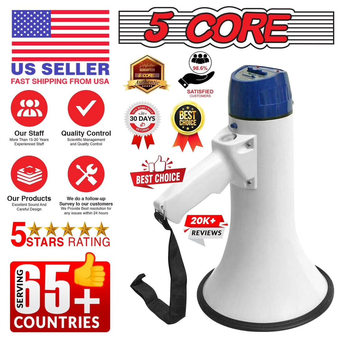 Top-rated bullhorn megaphone with 20K+ reviews, a 5-star rating, and worldwide shipping to 65+ countries.