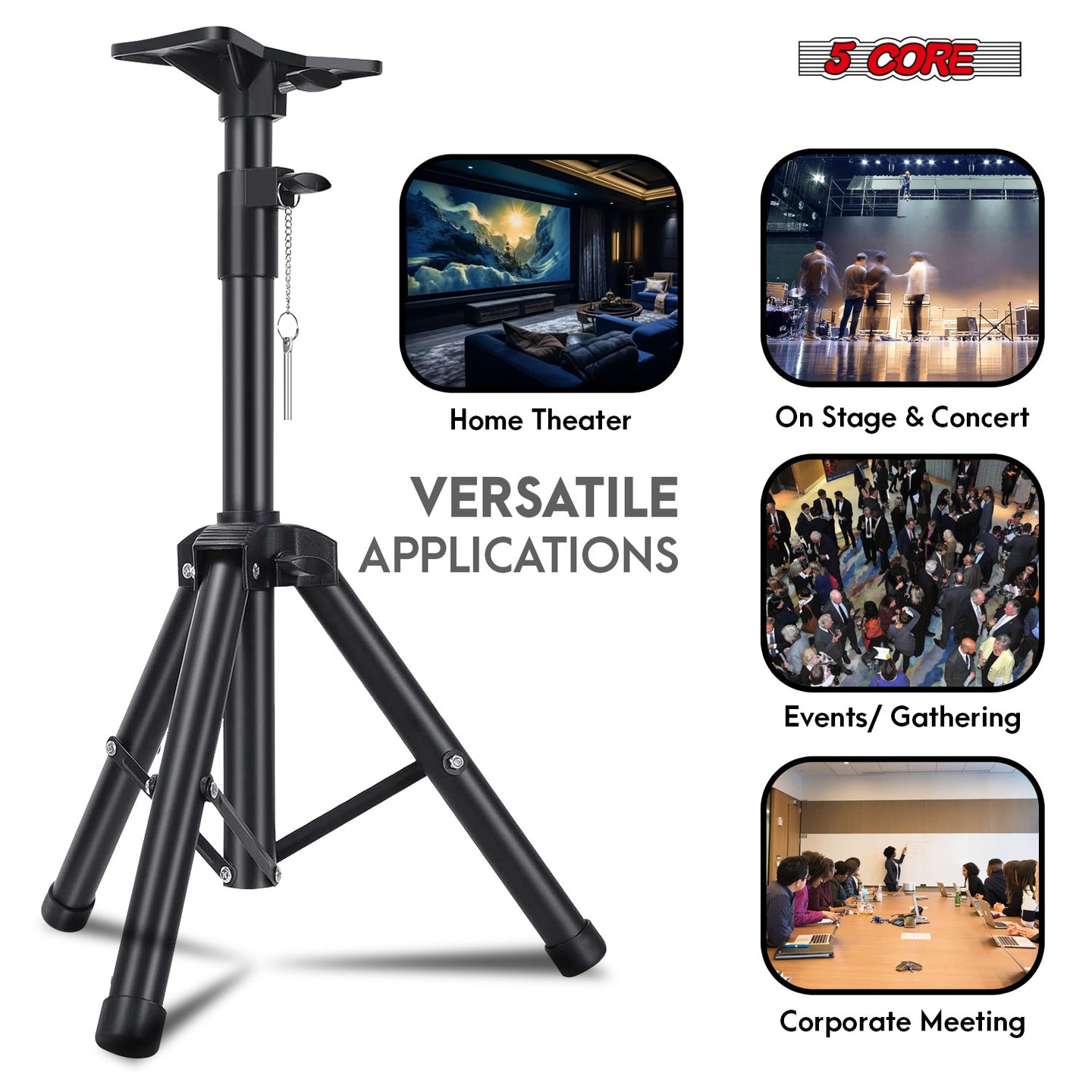 Tripod speaker stand with adjustable height, ideal for home theaters, concerts, events, and meetings.