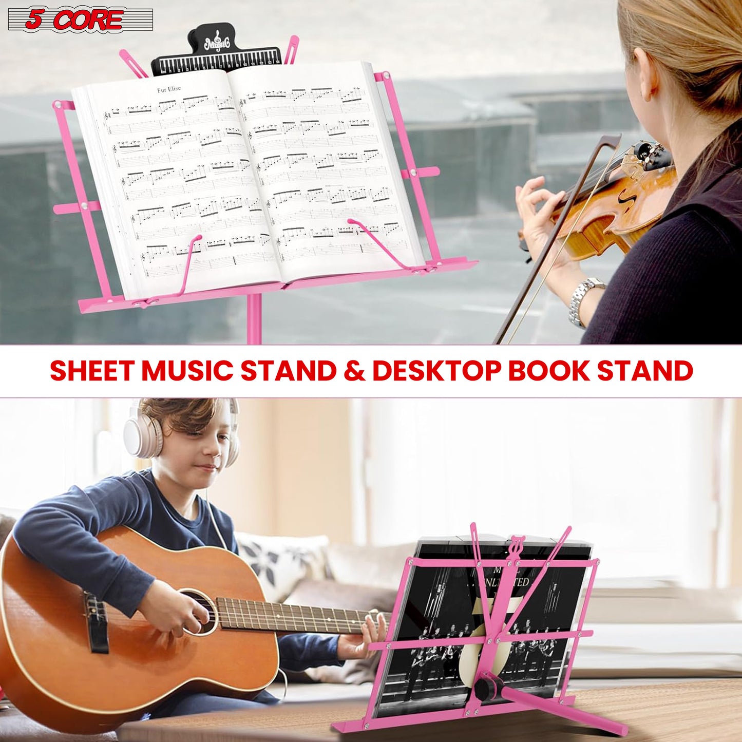5 Core Music Stand, 2 in 1 Dual-Use Adjustable Folding Sheet Stand Pink / Metal Build Portable Sheet Holder / Carrying Bag, Music Clip and Stand Light Included - MUS FLD PNK