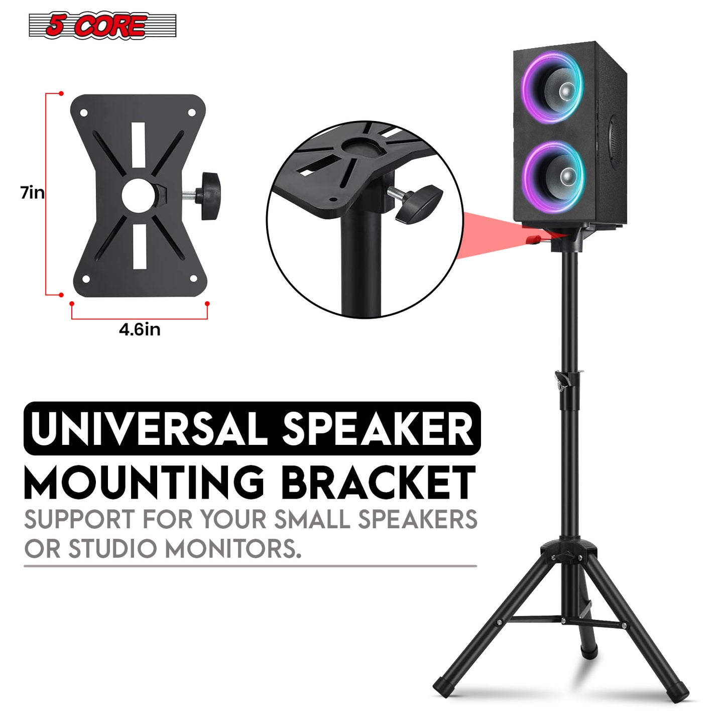 Universal speaker mounting bracket designed for small speakers and studio monitors, ensuring stable support.