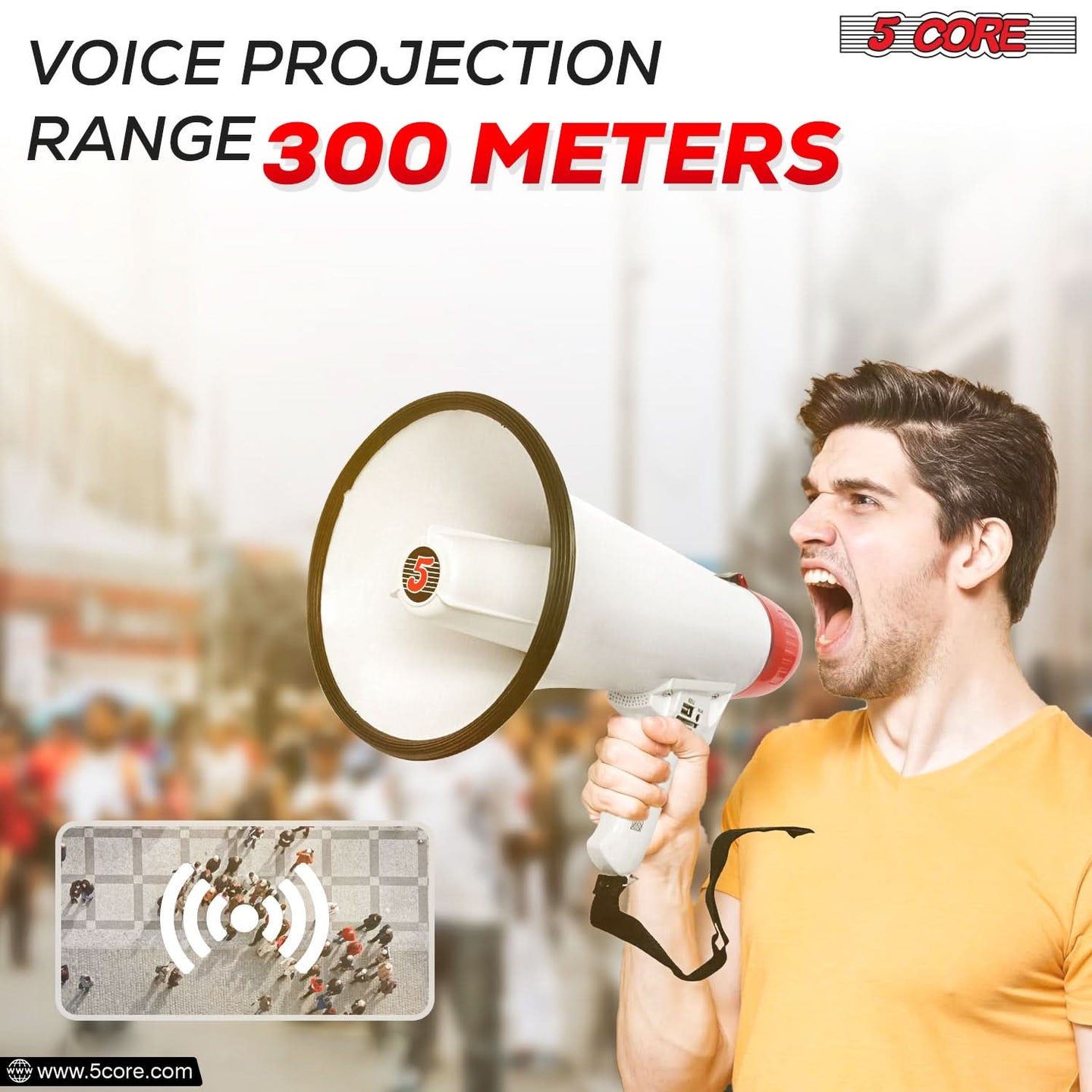 Megaphone with 300-meter projection, delivering loud and clear sound for communication across vast spaces.