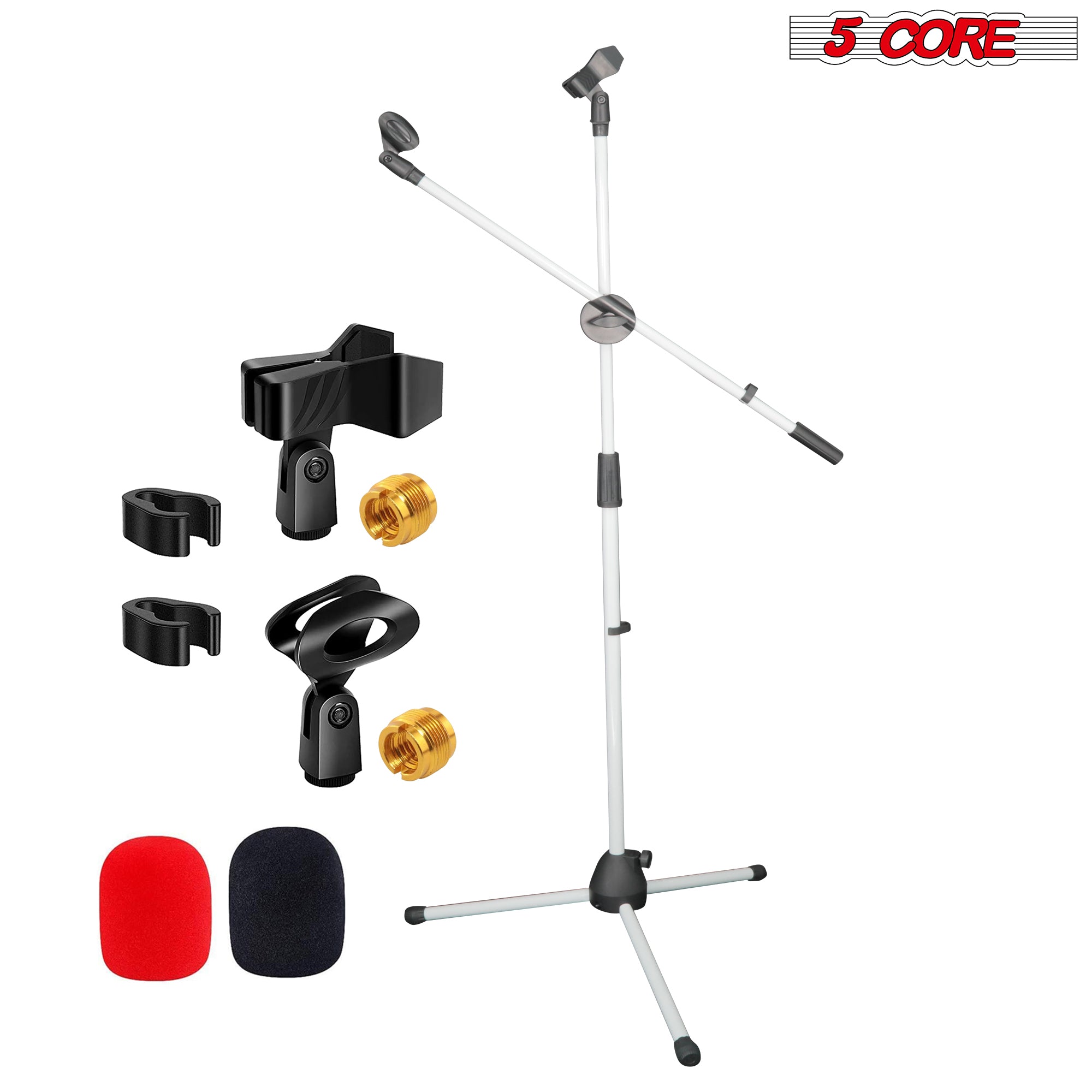 5 Core Mic Stand Height Adjustable 15.35 to 21.25" Short Desktop Stands w Telescopic Boom Arm and Round Base Low Profile Small Mic Holder Ideal for Desk Recording and Streaming White 1Pc - MSSB W