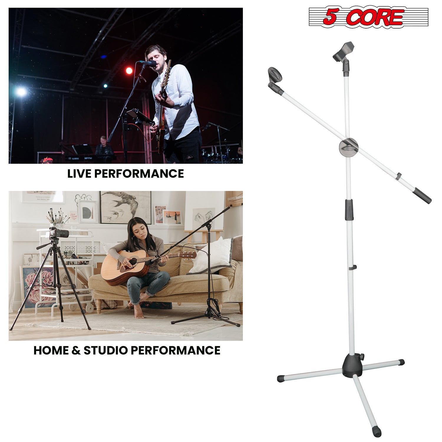5 Core Mic Stand Collapsible Height Adjustable 31 to 59” Dual Metal Microphone Tripod Stand w Boom Arm Stand Para Microfono for Singing, Karaoke, Stage and Outdoor Activities 2Pc White - MS DBL G WH 2pcs