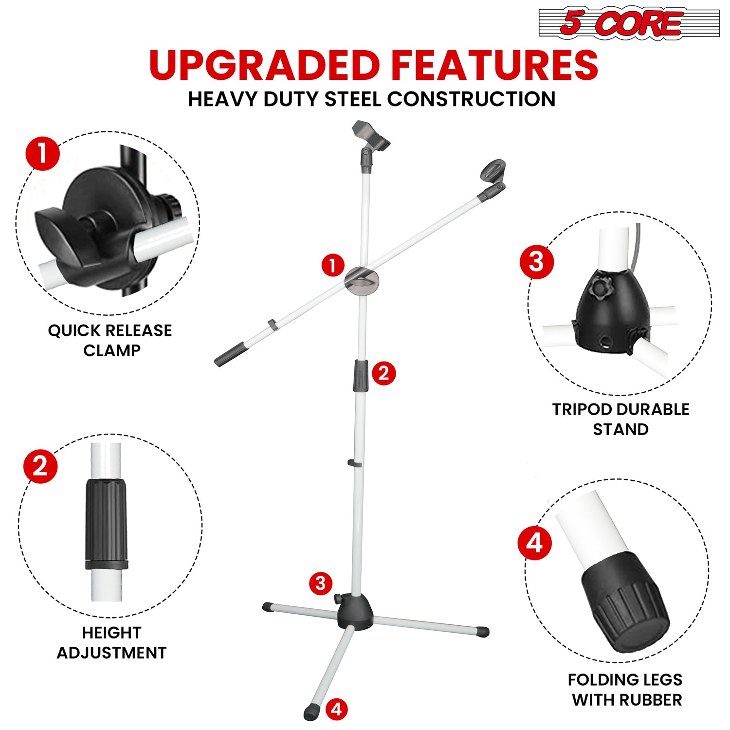 5 Core Mic Stand Height Adjustable 15.35 to 21.25" Short Desktop Stands w Telescopic Arm and Round Base Low Profile Small Mic Holder Ideal for Desk Recording and Streaming White 1Pc - MSSB W
