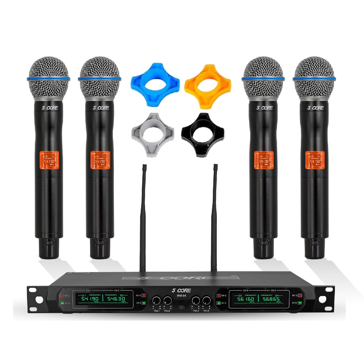 5 Core Wireless Microphone System 4 Channel UHF 492F Range Portable Receiver w 4 Cordless Dynamic Mic