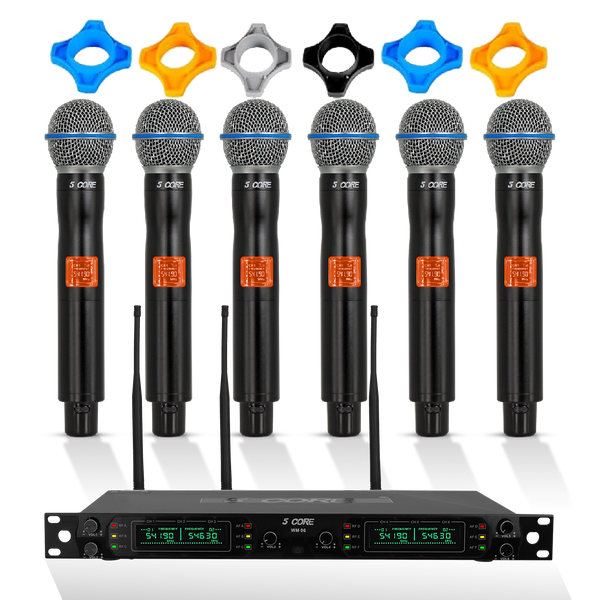 5 Core Wireless Microphone System 6 Channel UHF Portable Receiver w 6 Cordless Dynamic Mic 492F Range