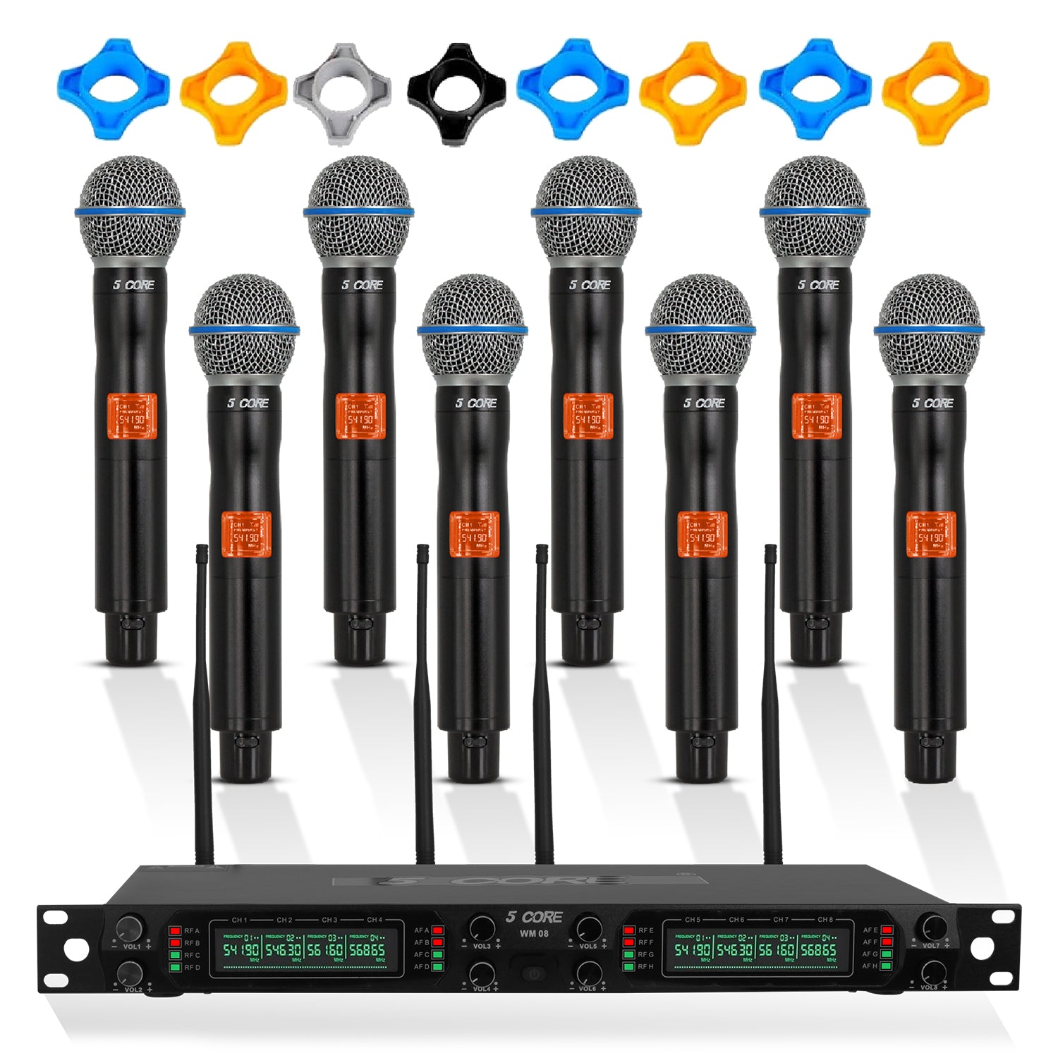 5 Core Wireless Microphone System 8 Channel UHF Portable Receiver w 8 Cordless Dynamic Mic 492F Range