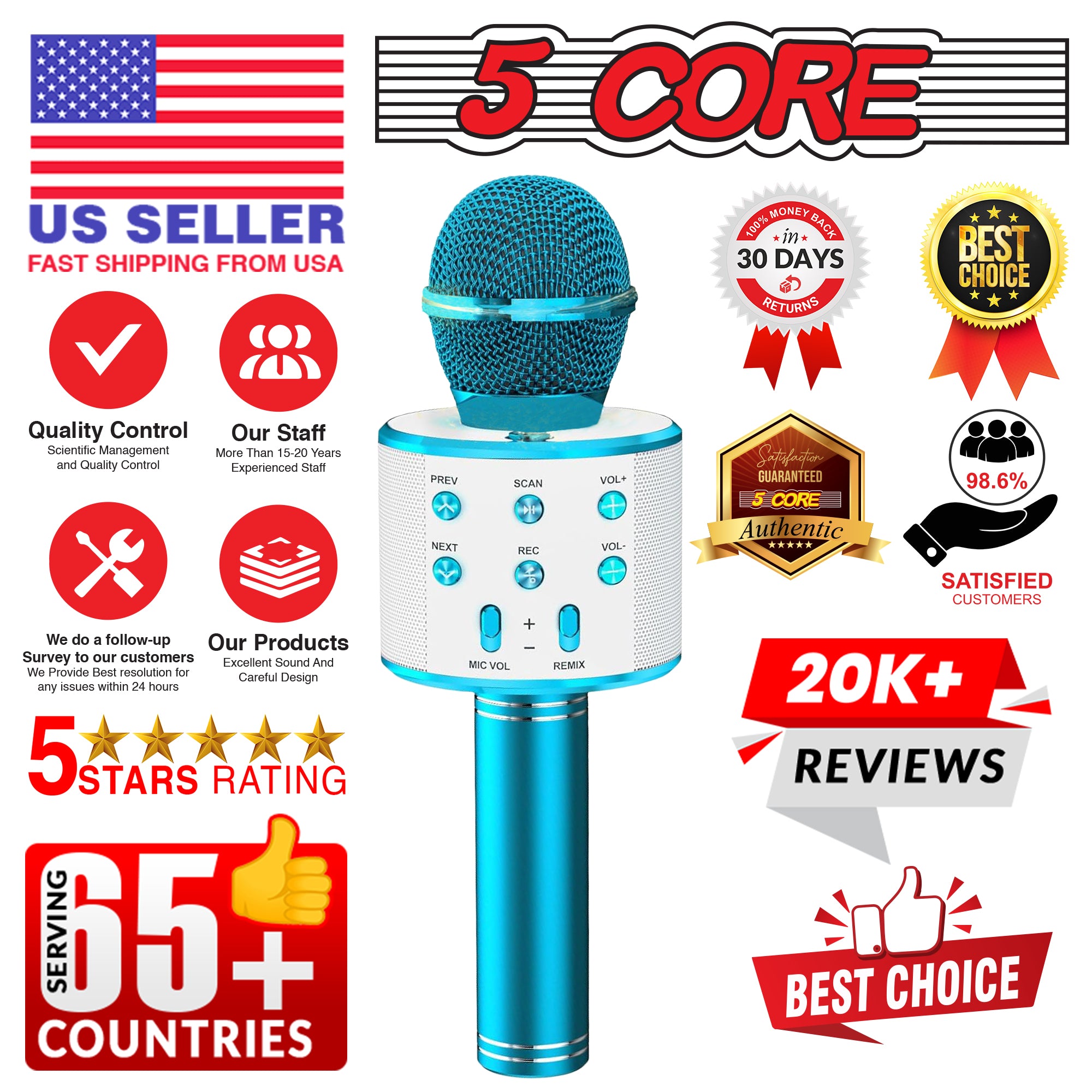 5 Core Bluetooth Wireless Karaoke Microphone, All-in-One Premium Handheld Karaoke Mic Speaker Recorder Player w/ Adjustable Remix FM Radio Great Gifts for Girls Boys Adults All Age (Blue)- WM SKP BLU