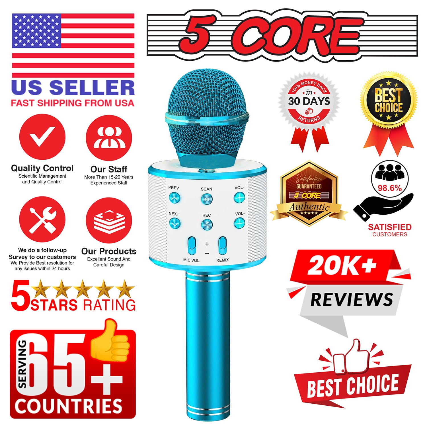 5 Core Karaoke Wireless Microphones Microfono Inalambrico Toy w Stereo Speaker SD Card & USB Playback