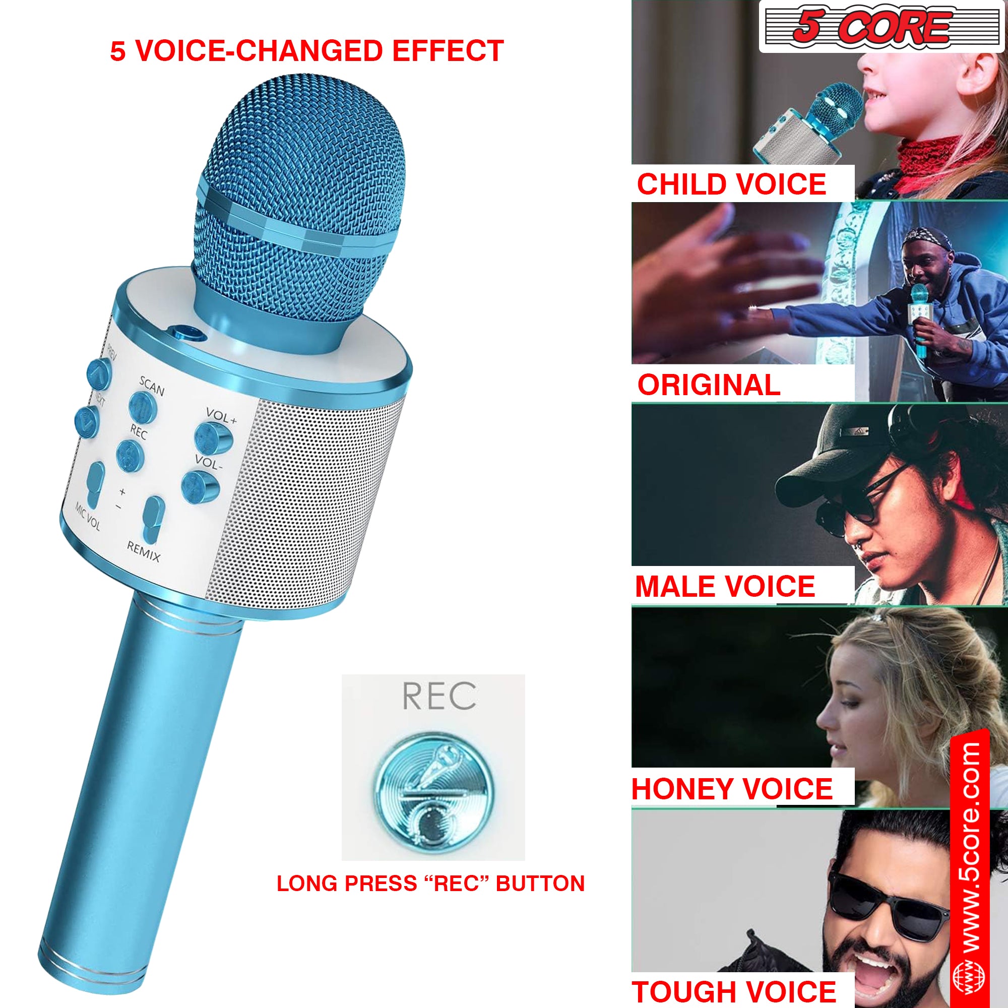 5 Core Bluetooth Wireless Karaoke Microphone, All-in-One Premium Handheld Karaoke Mic Speaker Recorder Player w/ Adjustable Remix FM Radio Great Gifts for Girls Boys Adults All Age (Blue)- WM SKP BLU