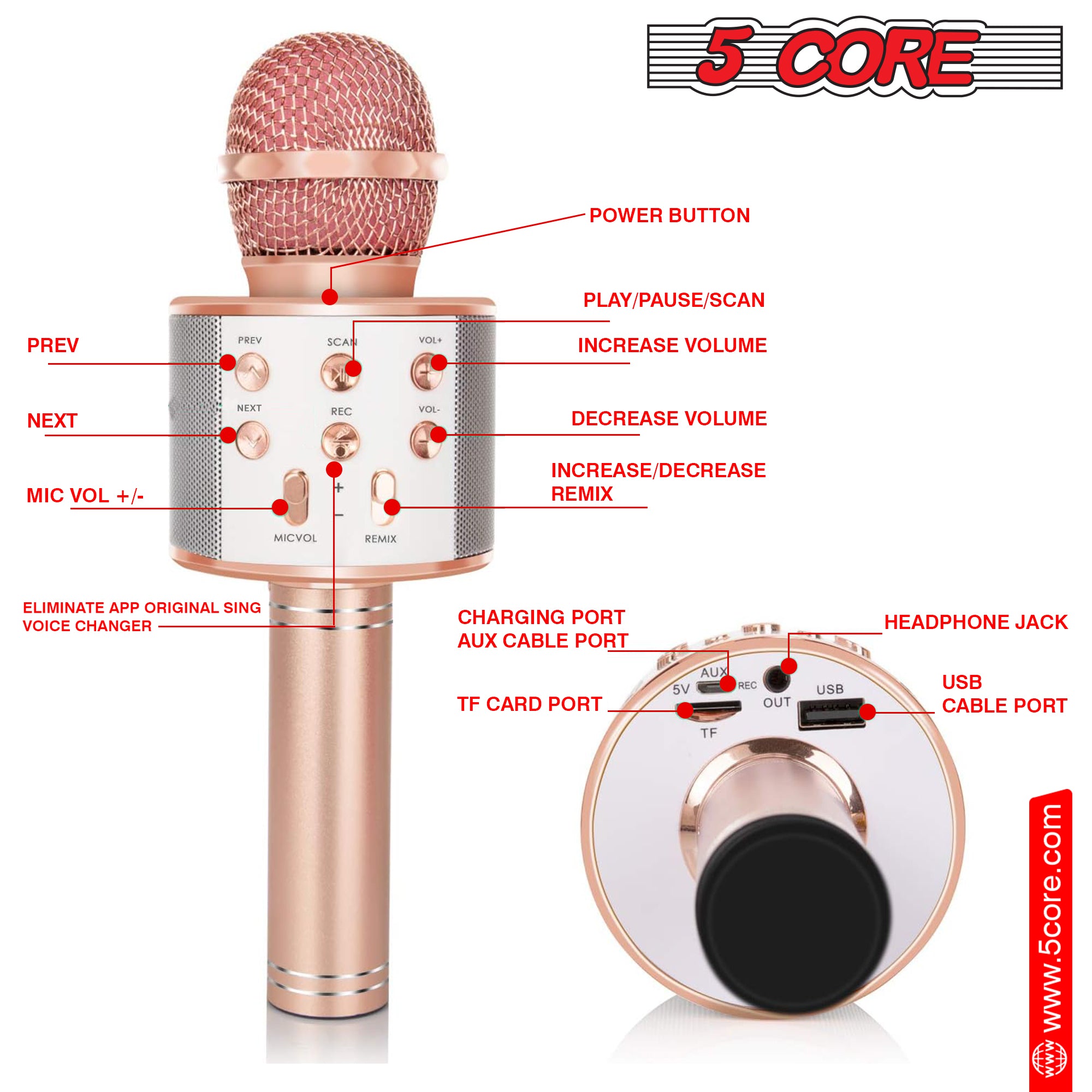 5 Core Bluetooth Wireless Karaoke Microphone, All-in-One Premium Handheld Karaoke Mic Speaker Recorder Player w/ Adjustable Remix FM Radio Great Gifts for Girls Boys Adults All Age (Copper)- WM SPK COPPER
