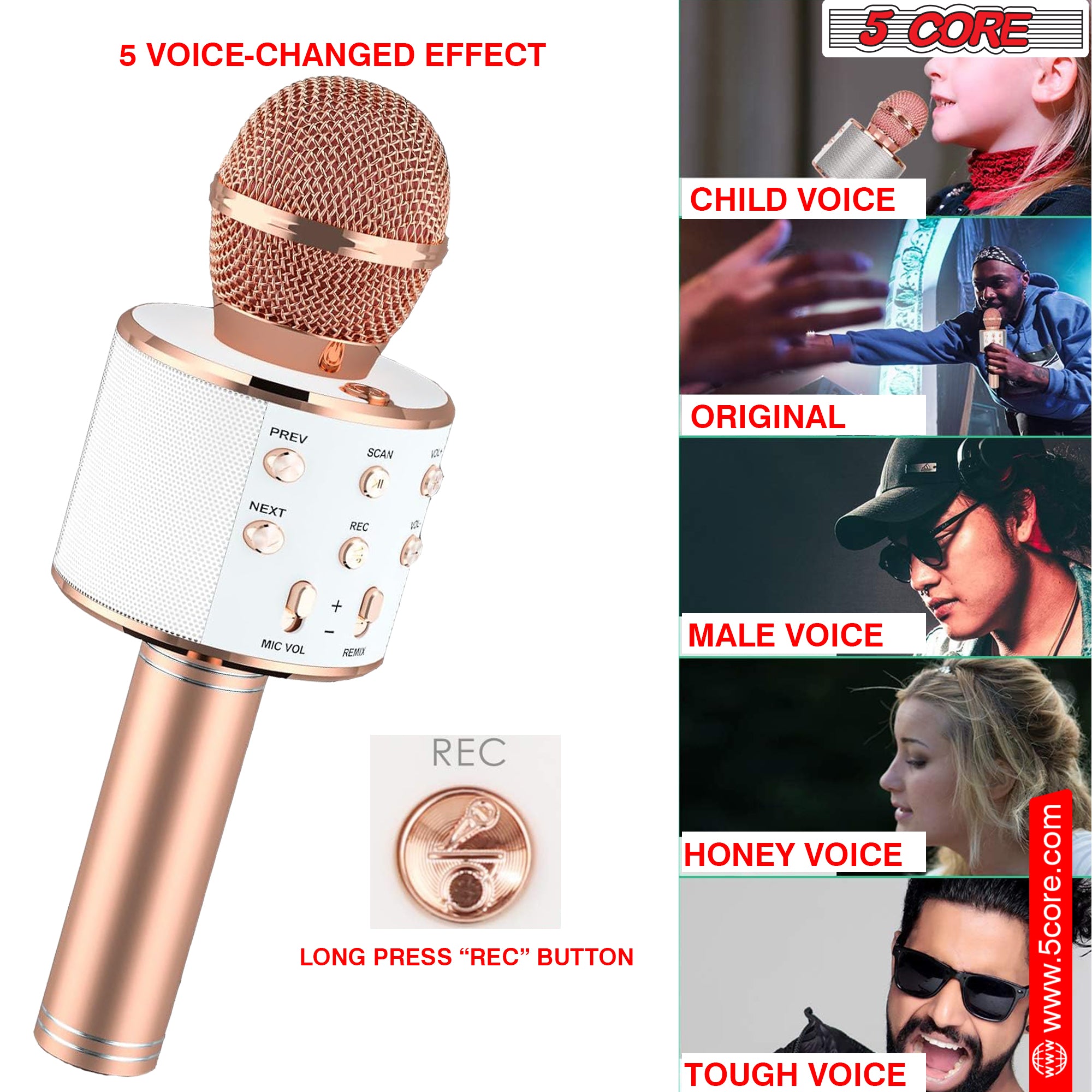 5 Core Bluetooth Wireless Karaoke Microphone, All-in-One Premium Handheld Karaoke Mic Speaker Recorder Player w/ Adjustable Remix FM Radio Great Gifts for Girls Boys Adults All Age (Copper)- WM SPK COPPER