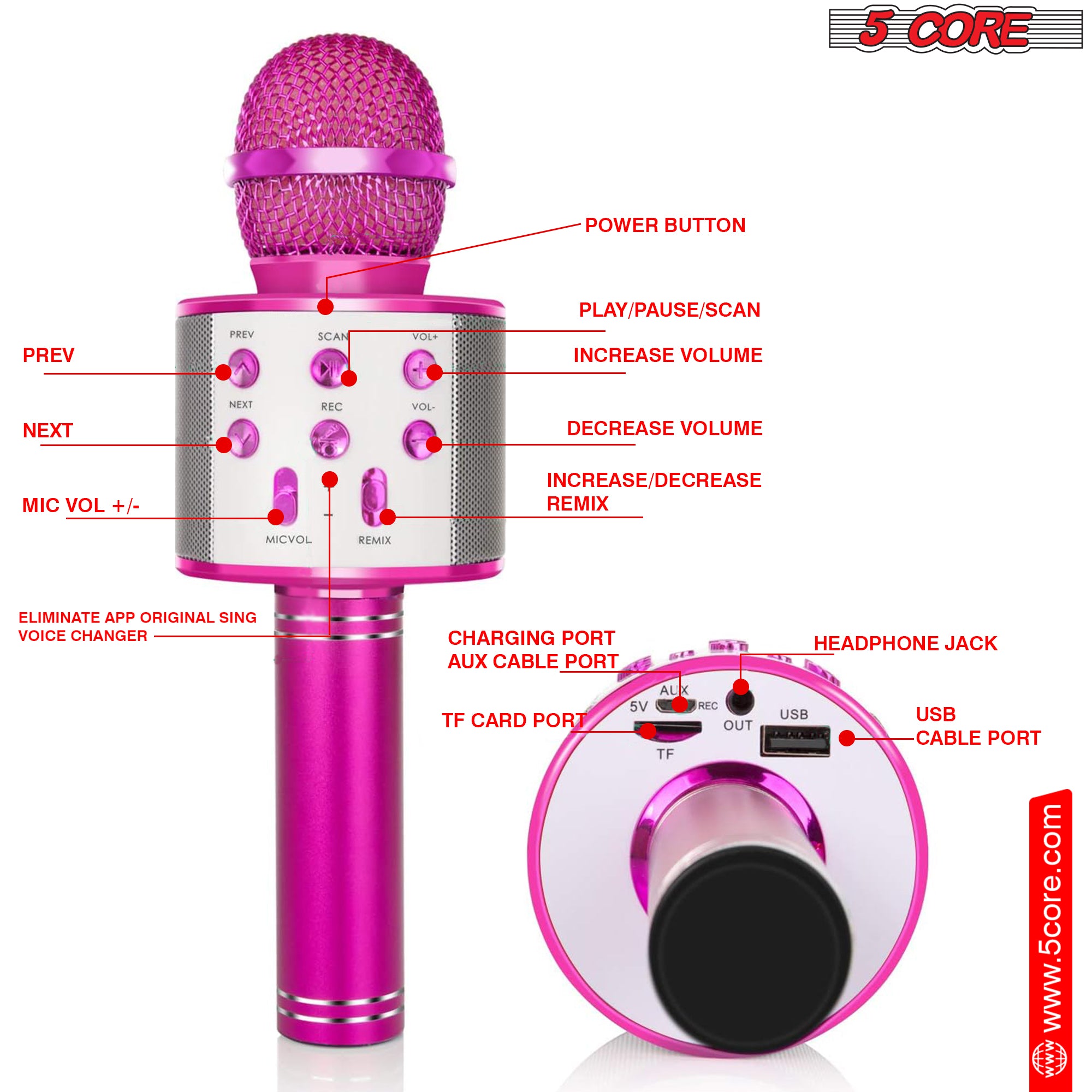 5 Core Bluetooth Wireless Karaoke Microphone, All-in-One Premium Handheld Karaoke Mic Speaker Recorder Player w/ Adjustable Remix FM Radio Great Gifts for Girls Boys Adults All Age (Pink)- WM SPK PINK