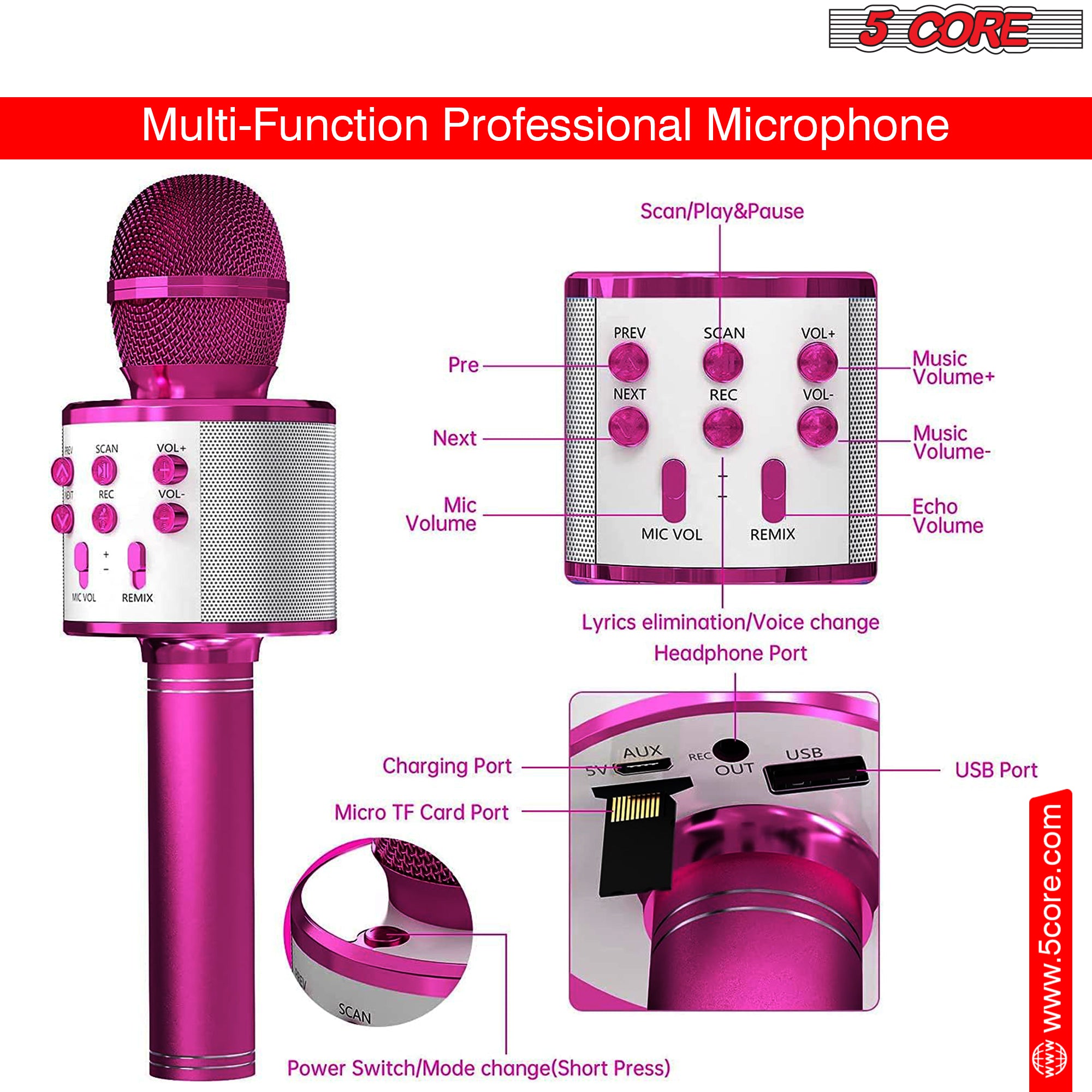 5 Core Bluetooth Wireless Karaoke Microphone, All-in-One Premium Handheld Karaoke Mic Speaker Recorder Player w/ Adjustable Remix FM Radio Great Gifts for Girls Boys Adults All Age (Pink)- WM SPK PINK