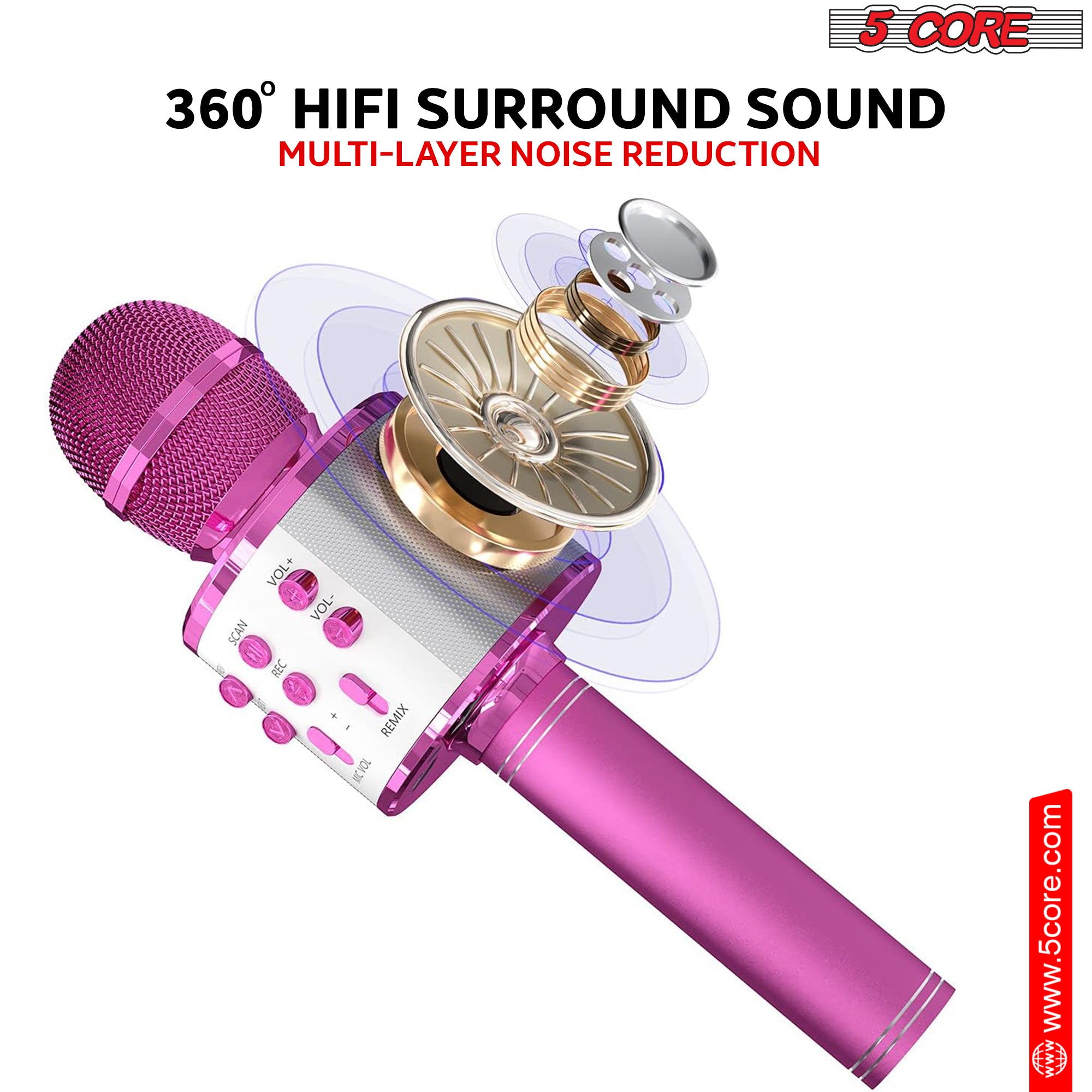 5 Core Bluetooth Wireless Karaoke Microphone, All-in-One Premium Handheld Karaoke Mic Speaker Recorder Player w/ Adjustable Remix FM Radio Great Gifts for Girls Boys Adults All Age (Pink)- WM SPK PINK