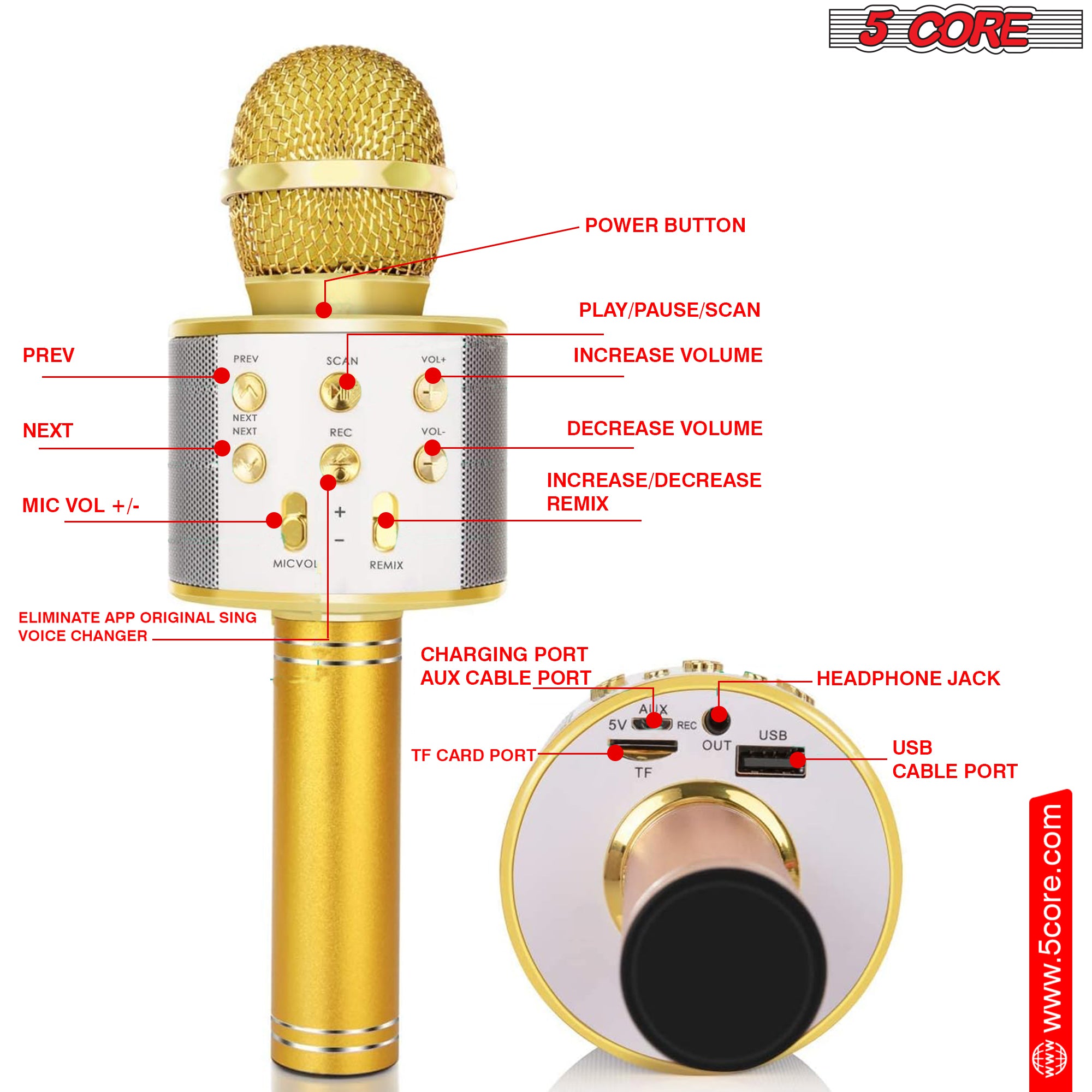 5 Core Bluetooth Wireless Karaoke Microphone, All-in-One Premium Handheld Karaoke Mic Speaker Recorder Player w/ Adjustable Remix FM Radio Great Gifts for Girls Boys Adults All Age (Gold)- WM SPK GLD