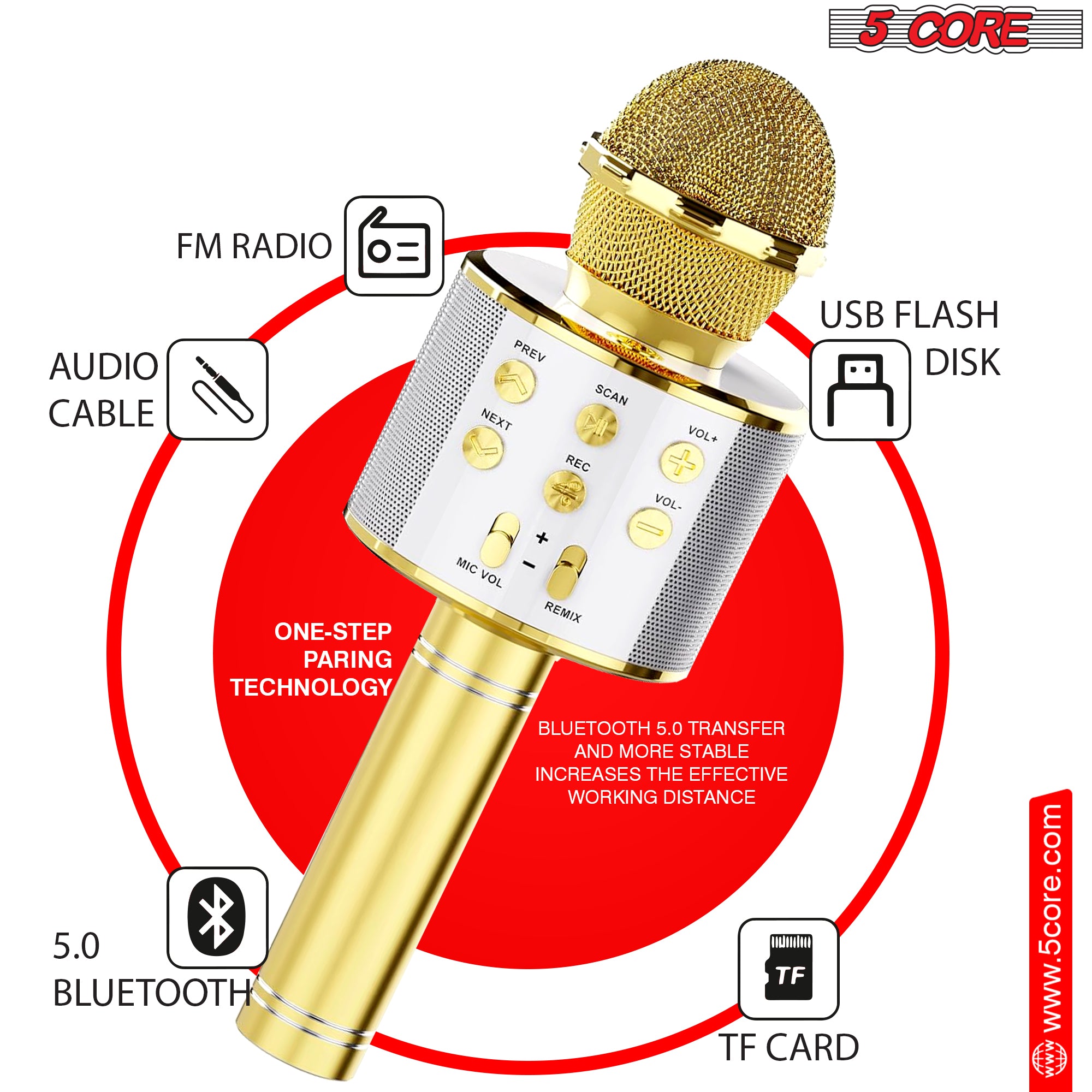 5 Core Bluetooth Wireless Karaoke Microphone, All-in-One Premium Handheld Karaoke Mic Speaker Recorder Player w/ Adjustable Remix FM Radio Great Gifts for Girls Boys Adults All Age (Gold)- WM SPK GLD