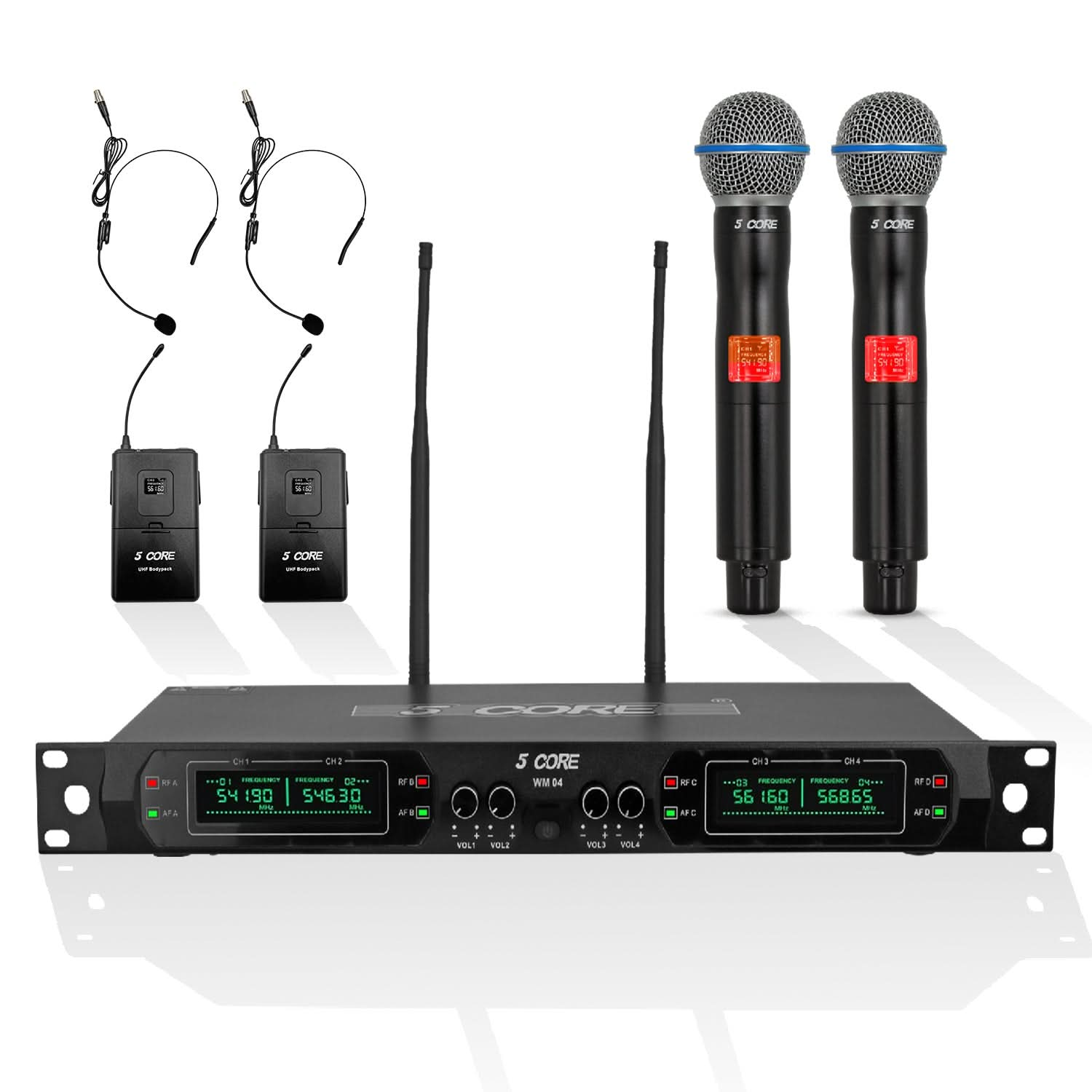 5Core Wireless Microphones Set 4 Channel UHF Microfono Inalambrico w Handheld Lapel Headset Mic