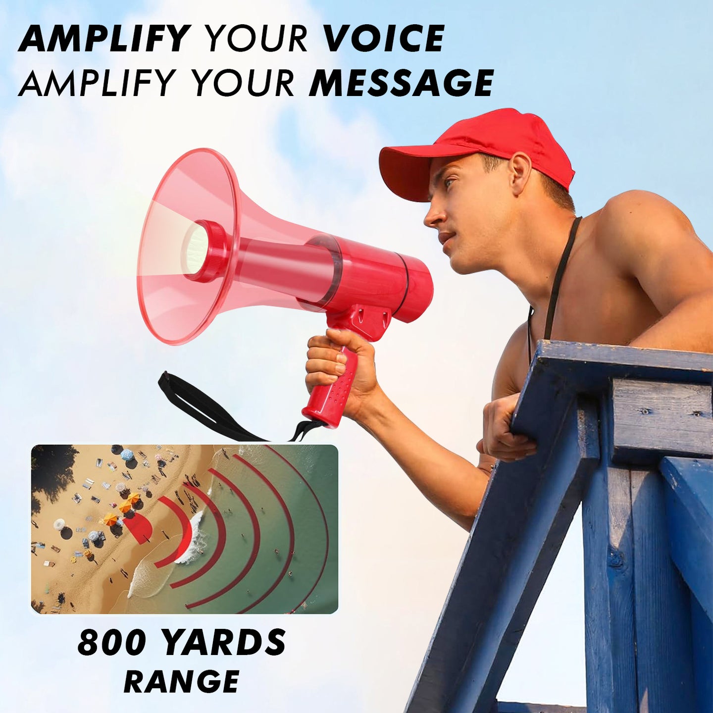 Waterproof bullhorn with 800 yards range, loud siren mode, and durable design for all-weather use.