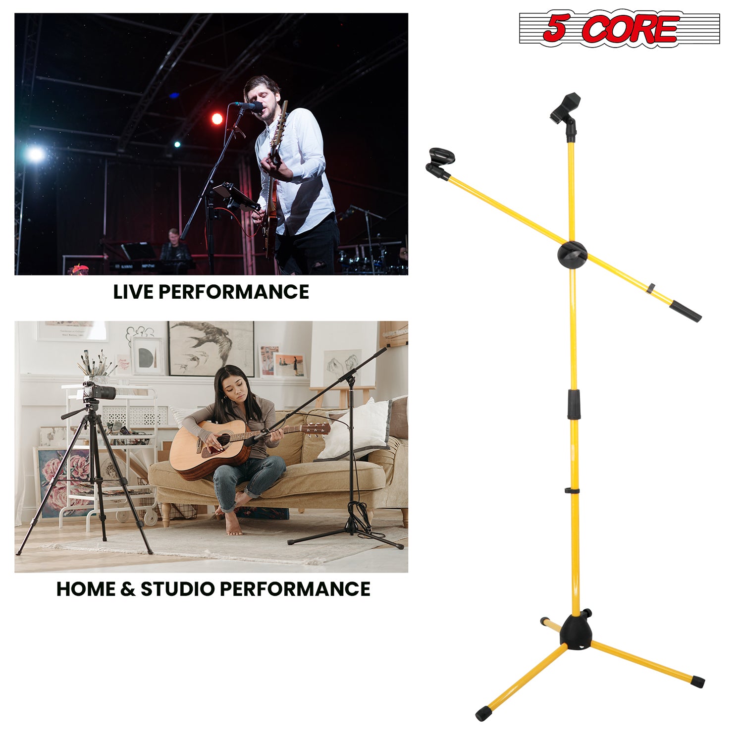5 Core Mic Stand Collapsible Height Adjustable 31 to 59” Dual Metal Microphone Tripod Stand w Boom Arm Stand Para Microfono for Singing, Karaoke, Stage and Outdoor Activities 2Pc Yellow - MS DBL G YLW 2pcs