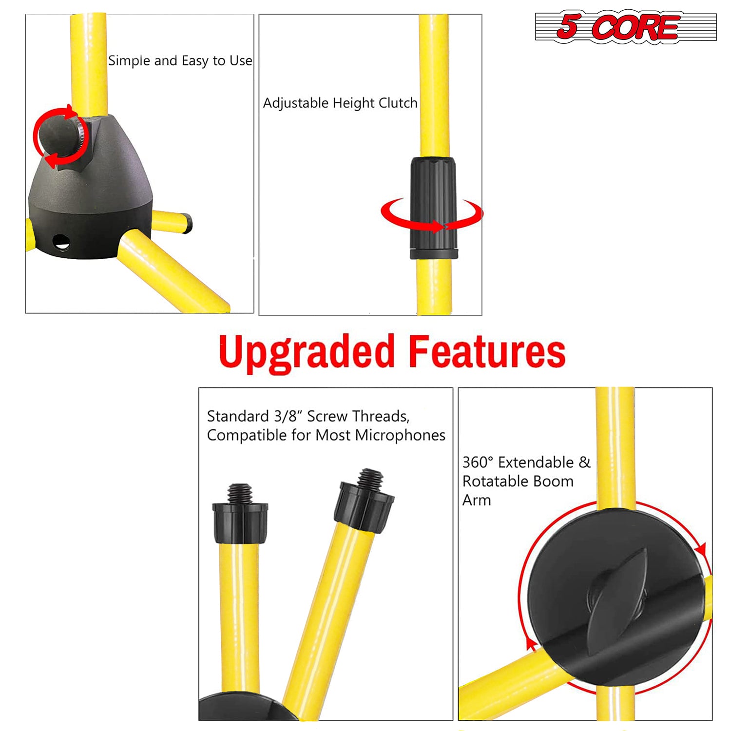 5 Core Mic Stand Collapsible Height Adjustable 31 to 59” Dual Metal Microphone Tripod Stand w Boom Arm Stand Para Microfono for Singing, Karaoke, Stage and Outdoor Activities 2Pc Yellow - MS DBL G YLW 2pcs
