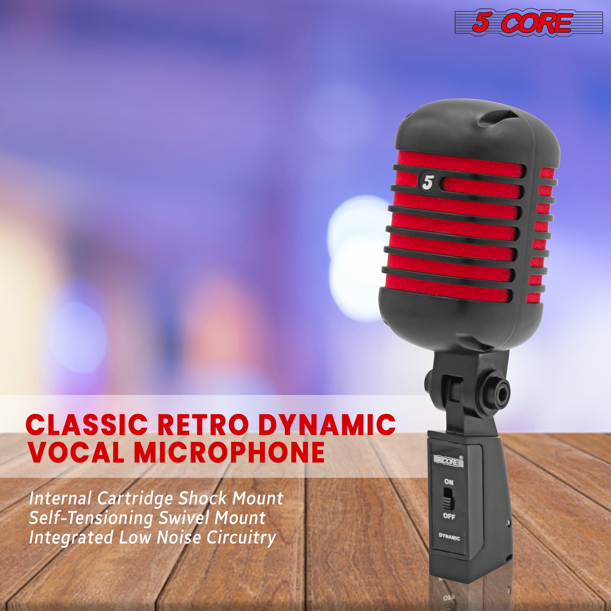 5 Core Classic Retro Dynamic Vocal Microphone Matte Black Red Old Vintage Style Unidirectional Professional Cardioid Mic for Instrument Live Performance Prop & Studio Recording -RTRO MIC CH BLK-RED