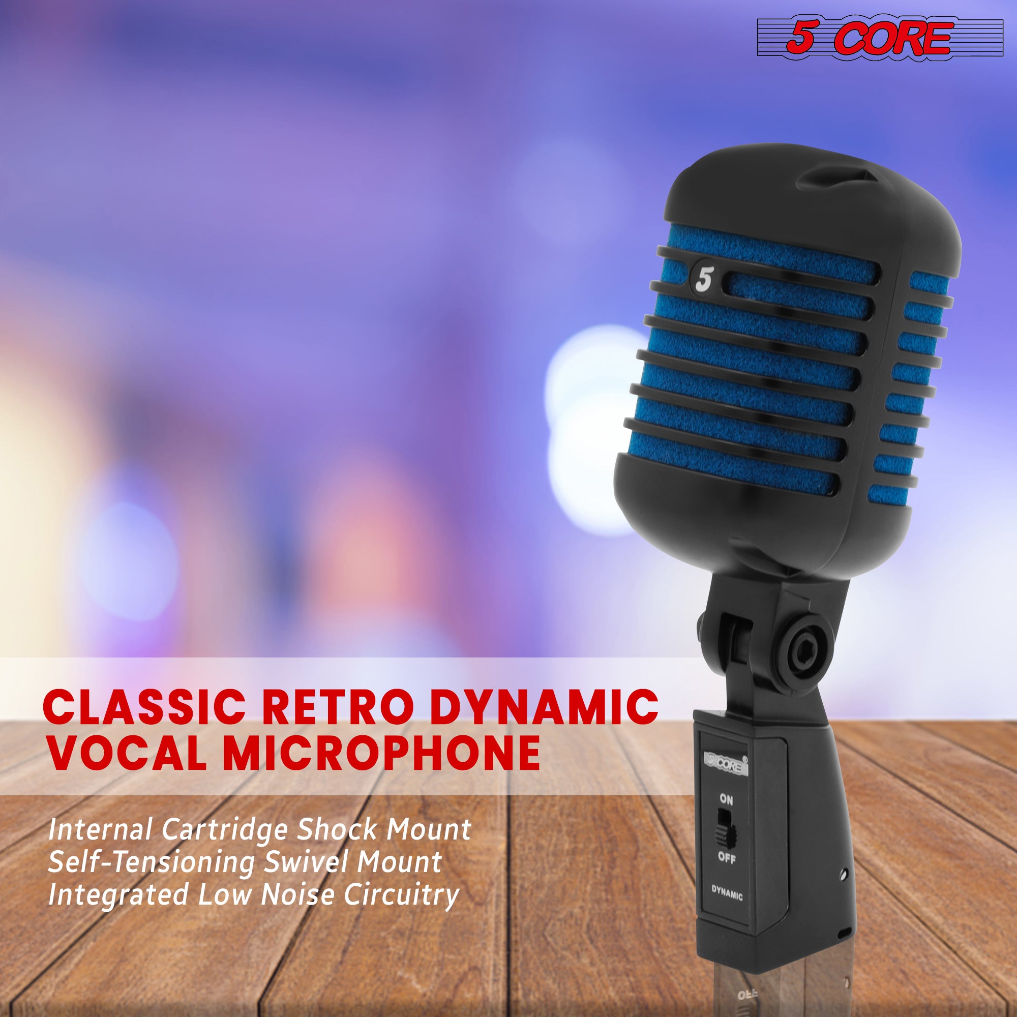 5 Core Classic Retro Dynamic Vocal Microphone Matte Black Blue Old Vintage Style Unidirectional Professional Cardioid Mic for Instrument Live Performance Prop & Studio Recording -RTRO MIC CH BLK-BLU