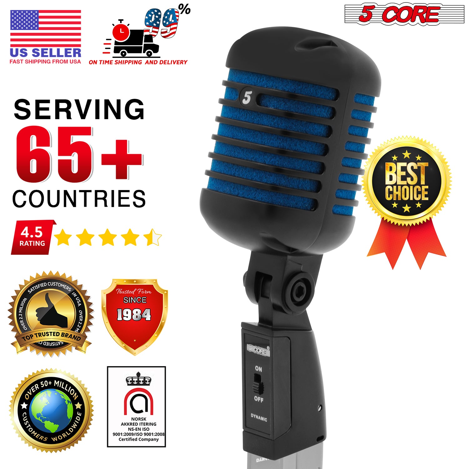 5 Core Classic Retro Dynamic Vocal Microphone Matte Black Blue Old Vintage Style Unidirectional Professional Cardioid Mic for Instrument Live Performance Prop & Studio Recording -RTRO MIC CH BLK-BLU