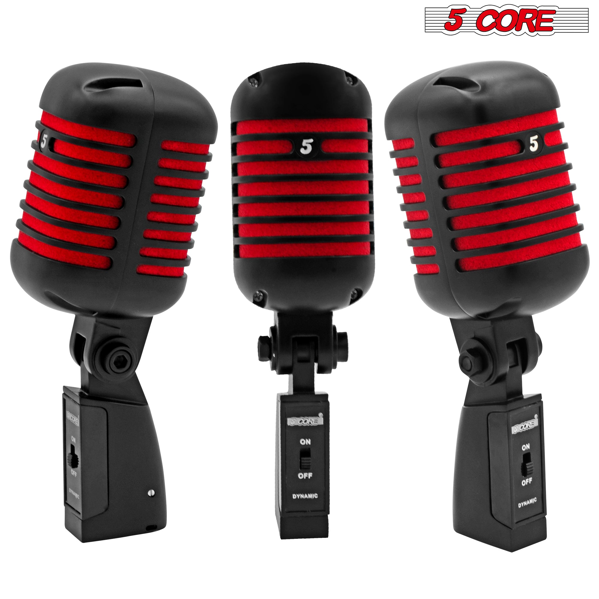 5 Core Classic Retro Dynamic Vocal Microphone Matte Black Red Old Vintage Style Unidirectional Professional Cardioid Mic for Instrument Live Performance Prop & Studio Recording -RTRO MIC CH BLK-RED