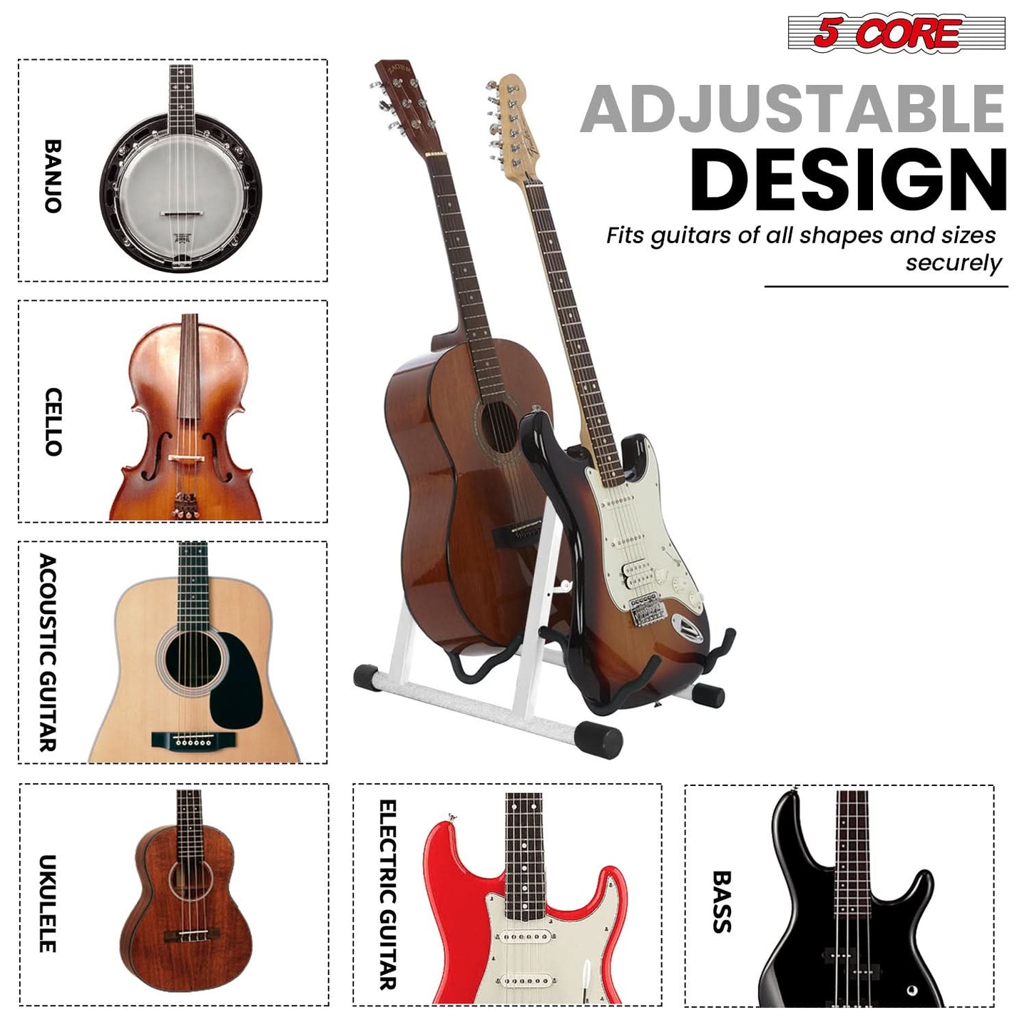 Adjustable double guitar stand with customizable height and width, securely holds two guitars.