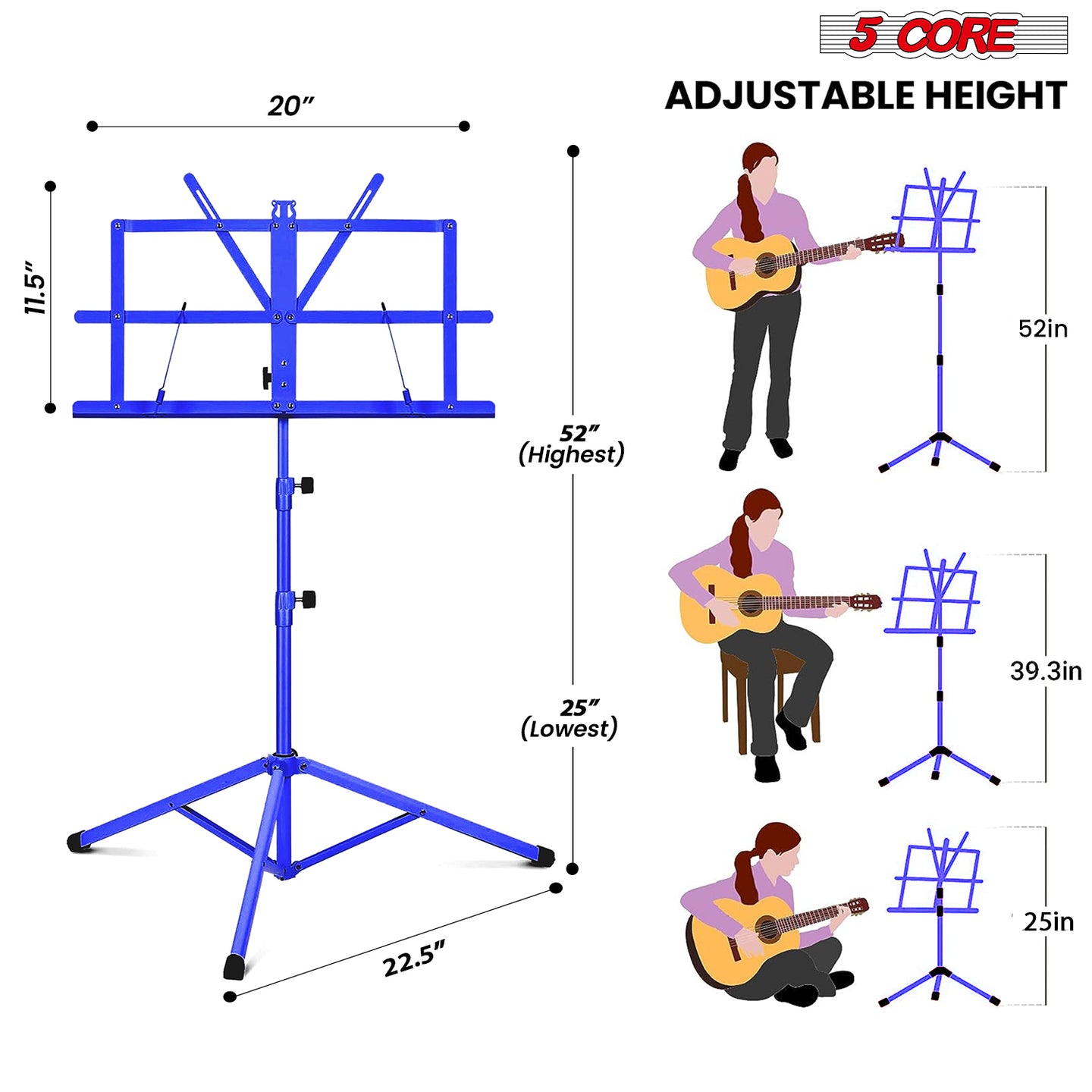 Adjustable music stand with durable construction, foldable tray, and height customization for easy sheet music placement