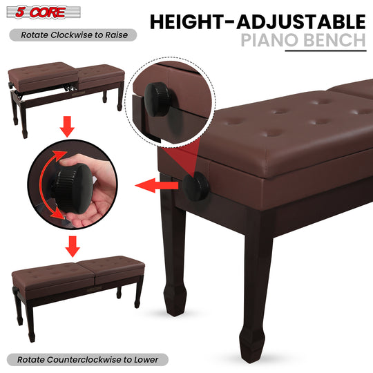 Height-adjustable piano bench with padded seat, sturdy construction, and smooth adjustment mechanism for versatile use