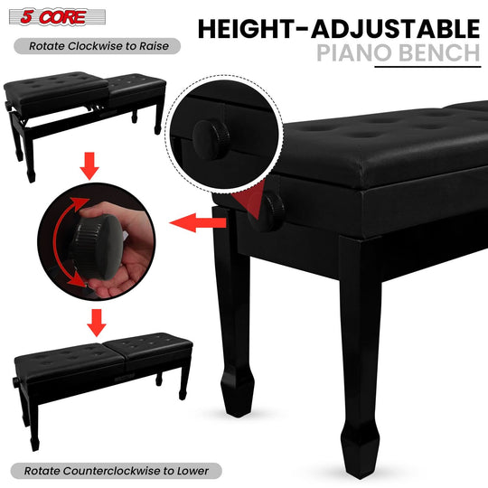 Height adjustable piano stool with cushioned seat, sturdy legs, and elegant design for comfortable playing sessions