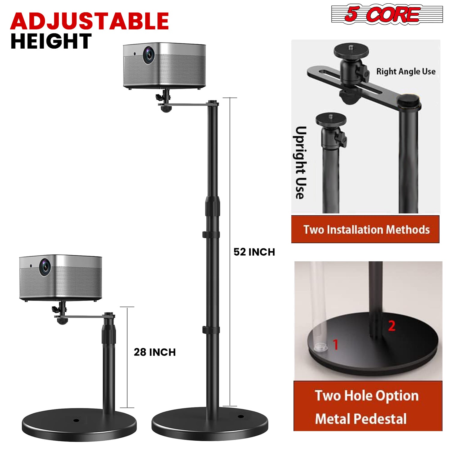 5 Core Projector Stand Height adjustable 28"-52"  Tall Floor Stands w 3 Mounting Options 360° Rotatable Ball Head Heavy Duty Multipurpose Soporte Para Proyector for Home Office Outdoor 1PC Black – PS FLR RB BLK
