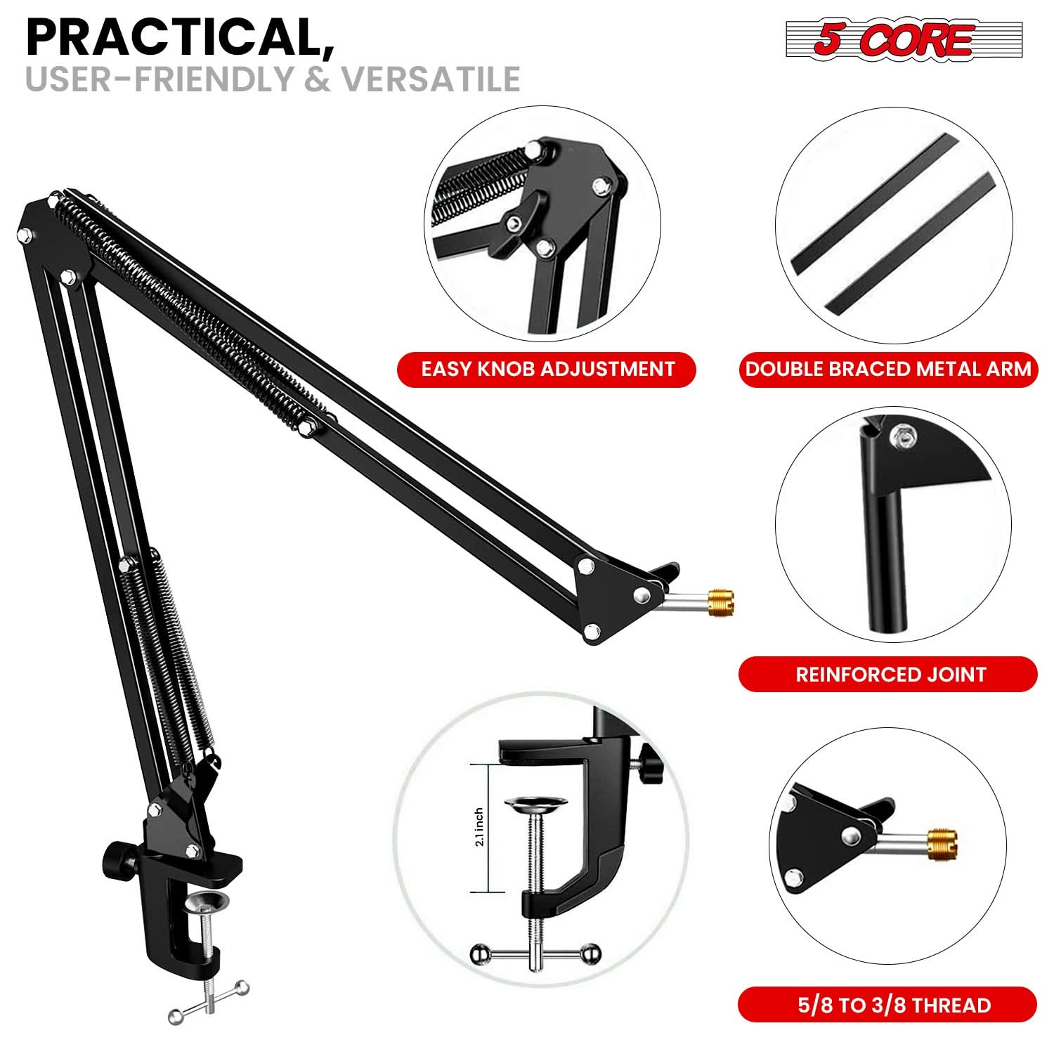 5Core Microphone Stand Suspension Desk Scissor Boom Arm w Shock Mount Pop Filter Black