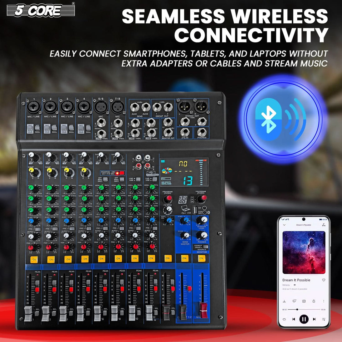 Bluetooth DJ mixer with wireless connectivity, multiple channel controls, and built-in effects for seamless mixing