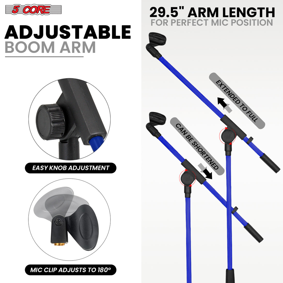 Mic stand with a boom arm, offering flexible reach and positioning for hands-free operation and clear sound capture