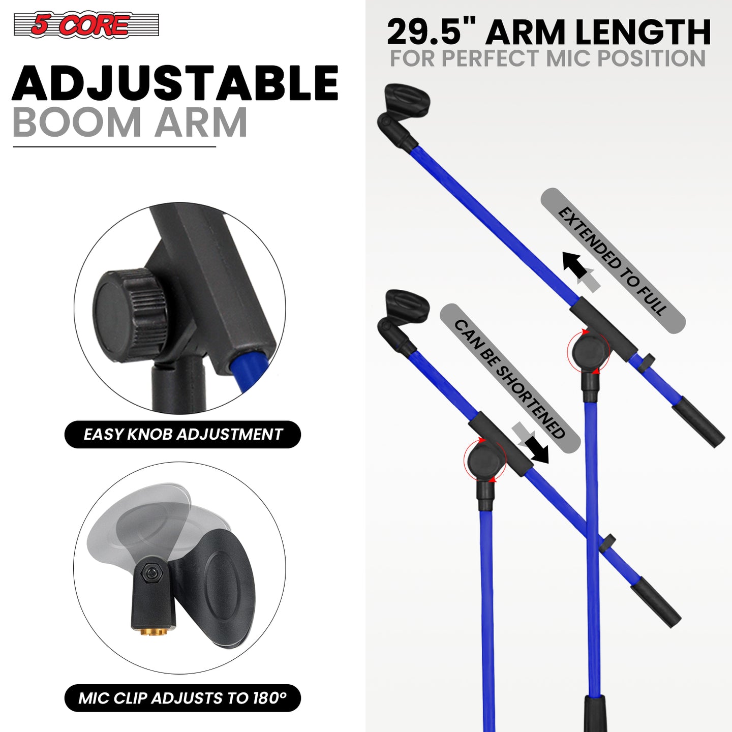 Mic stand with a boom arm, offering flexible reach and positioning for hands-free operation and clear sound capture