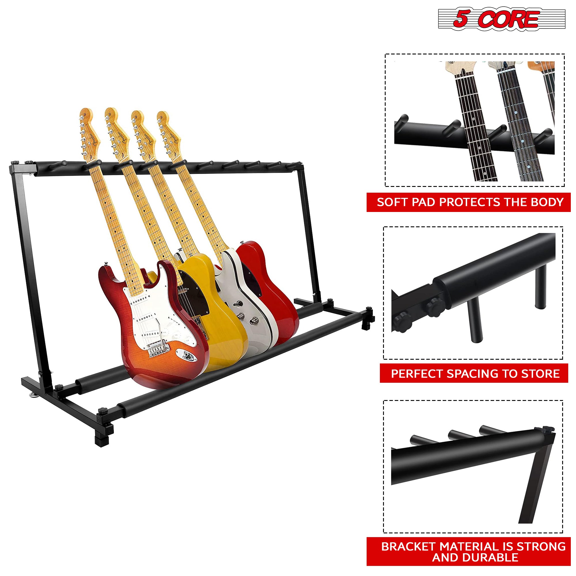 5 Core Guitar Stand 9 Space Rack for Acoustic Electric Bass Guitar • Foam Padded Multi Guitar Holder